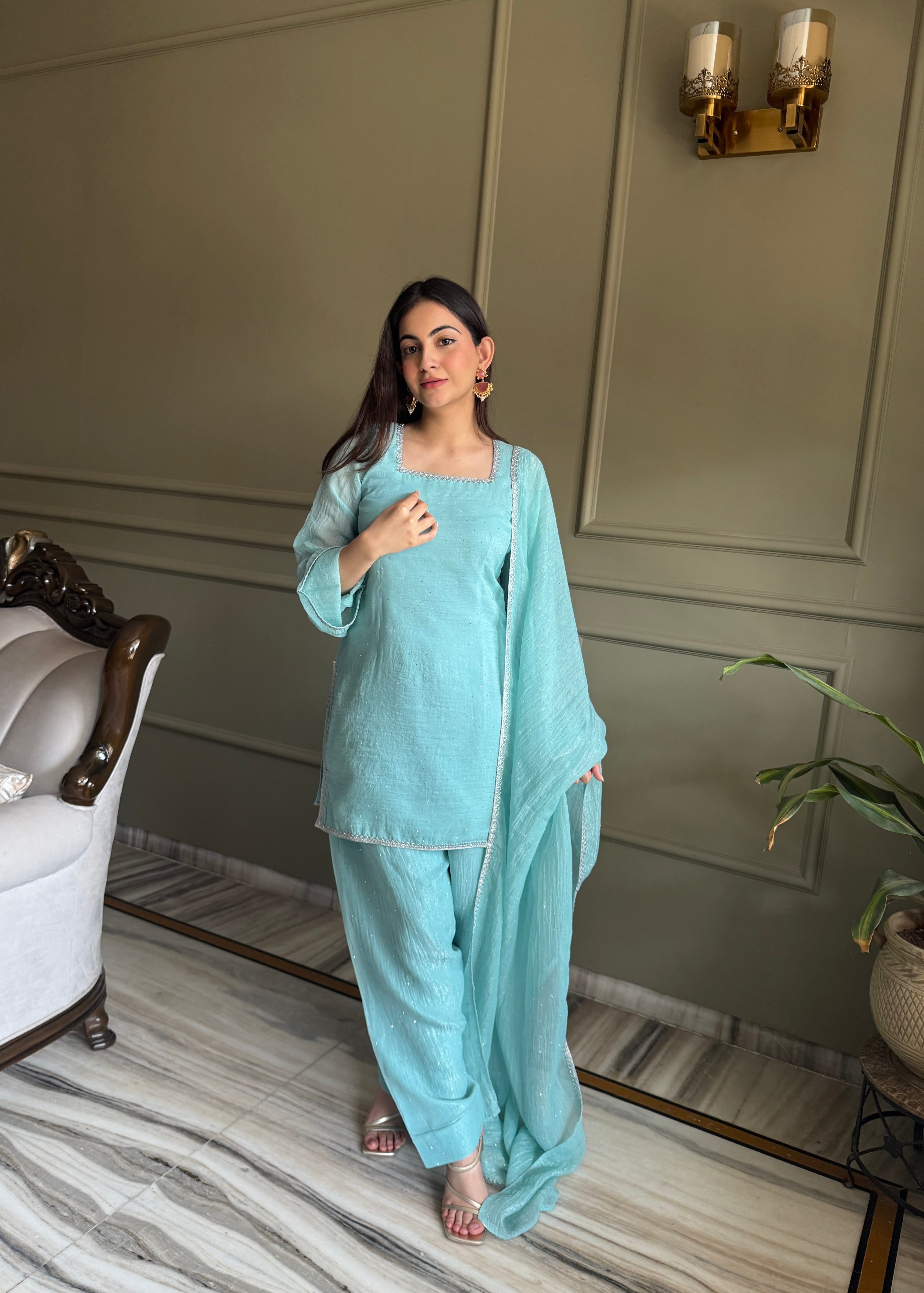 Crunchy Silk Embroidered Farshi Salwar Set – Sky
