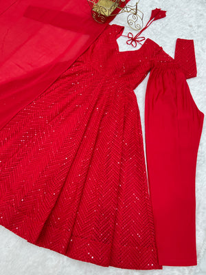 Georgette Embroidered Anarkali Set – Red