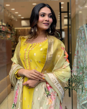 Viscose Organza Jacquard Embroidered Kurta Pant Dupatta Set – Lime Green