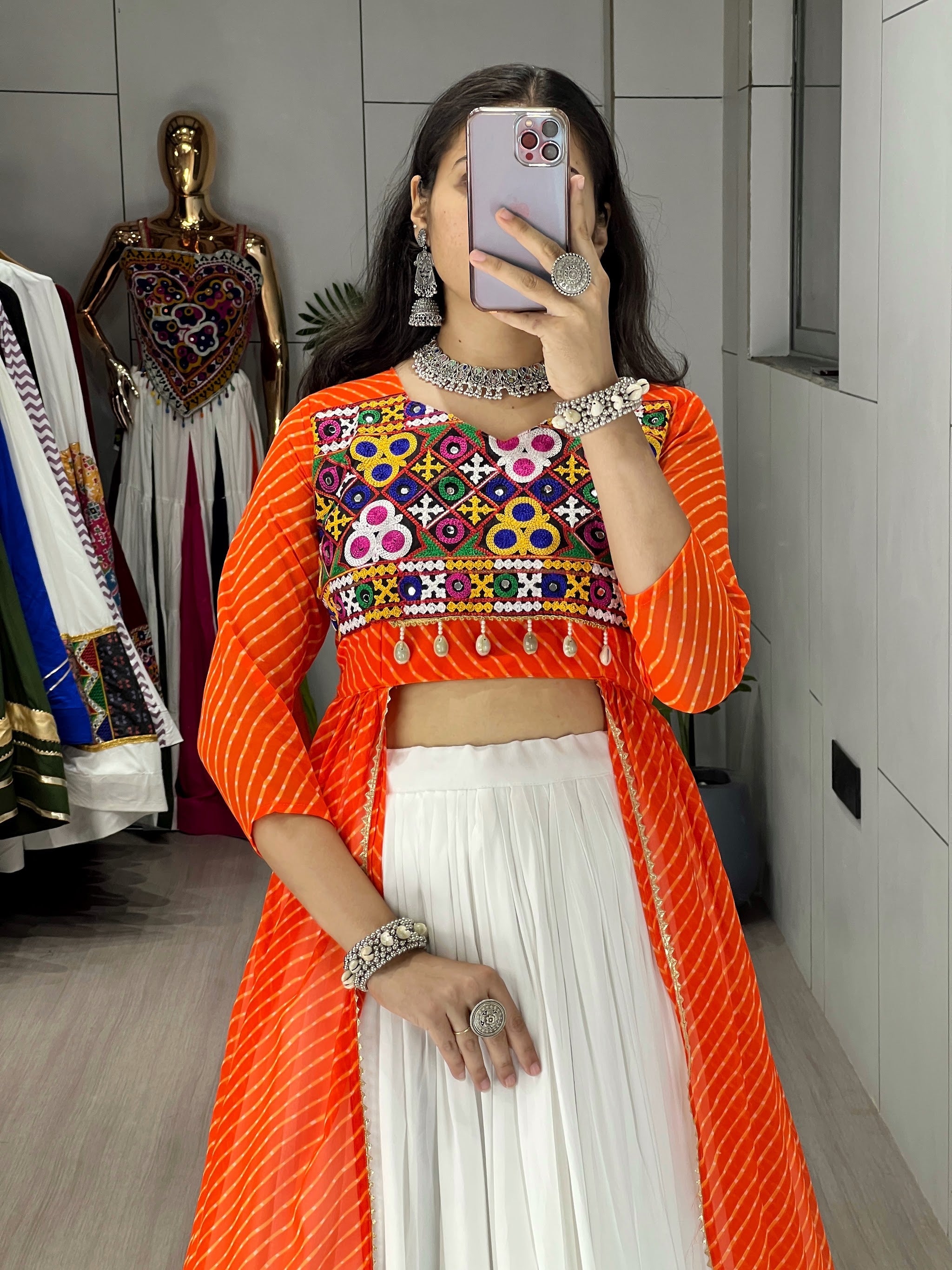 Navratri Orange Kurti Lehenga Set
