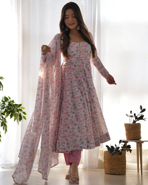 Heavy Orange Chiffon Floral Print Printed Anarkali Set – White Pink