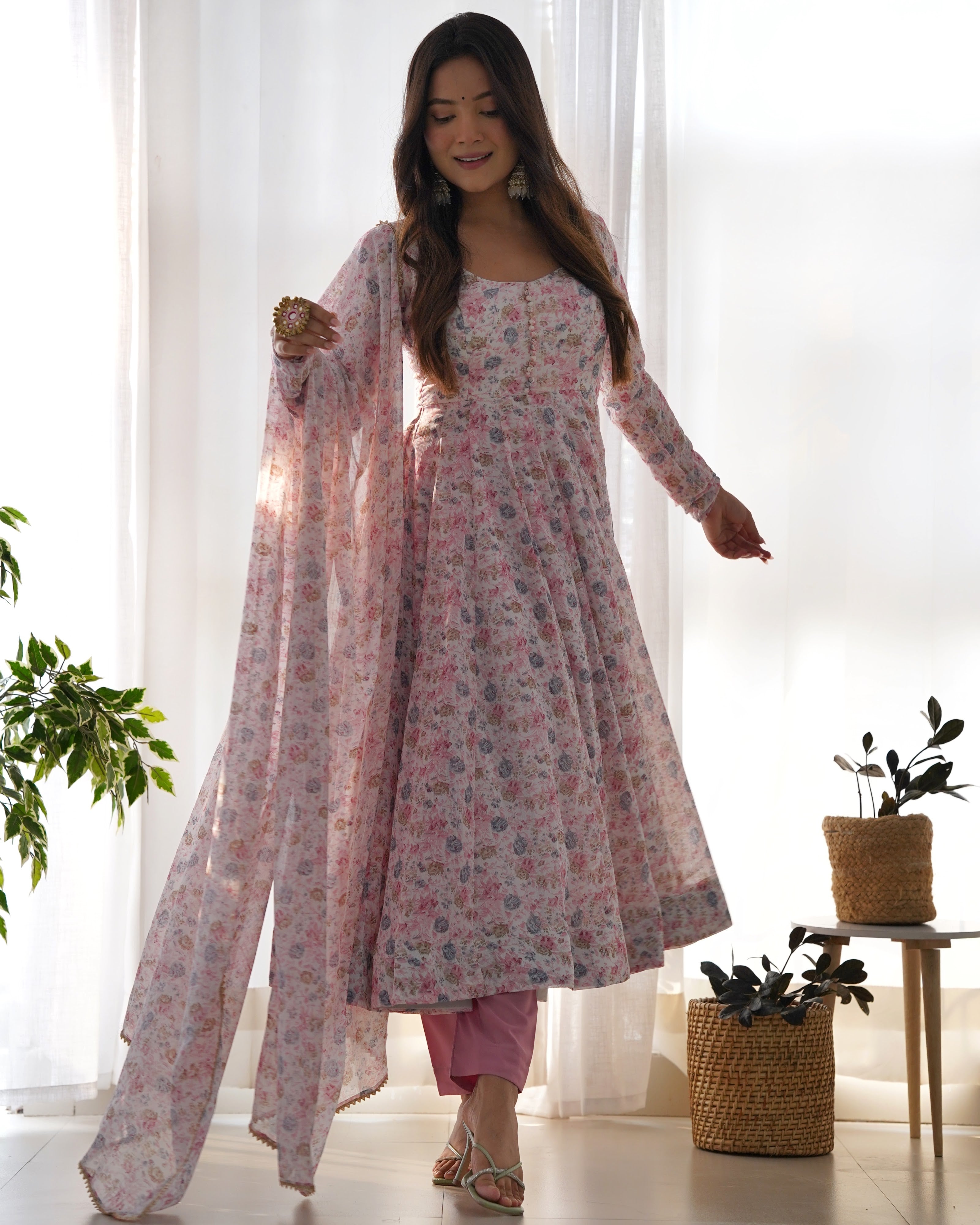 Heavy Orange Chiffon Floral Print Printed Anarkali Set – White Pink