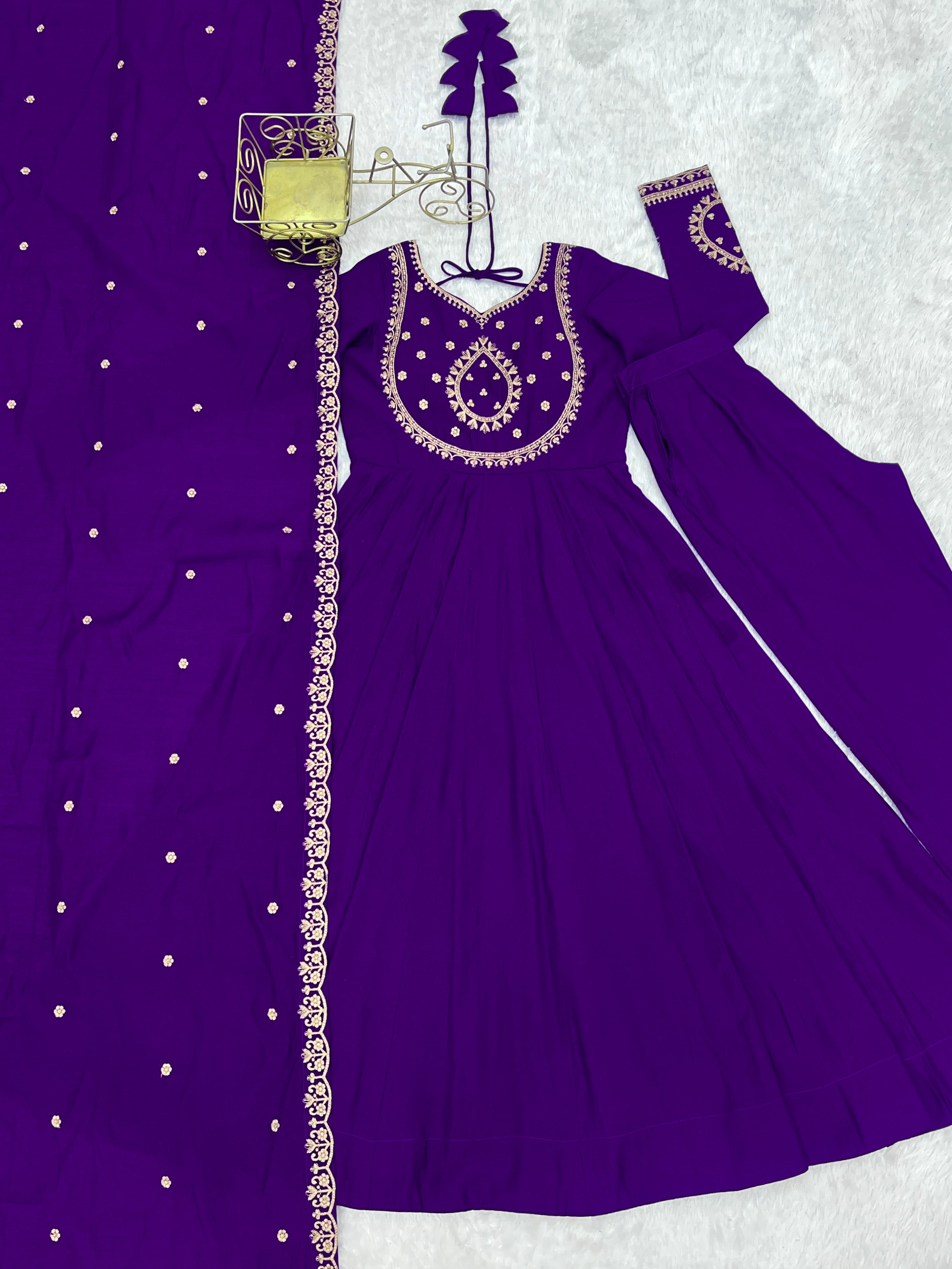 Roman Chanderi Silk Embroidered Anarkali Set – Purple