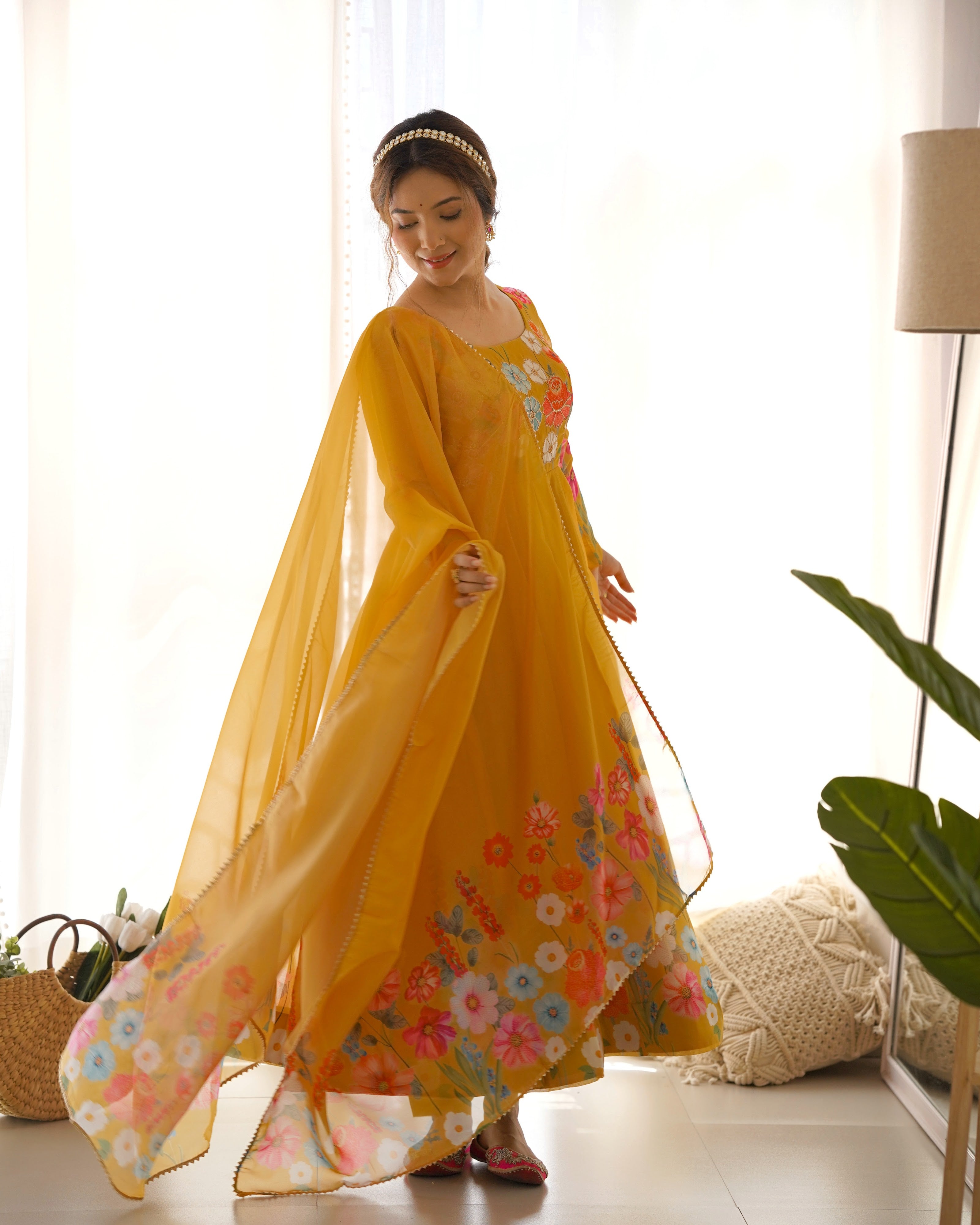 Organza Silk Printed Anarkali Set – Yellow