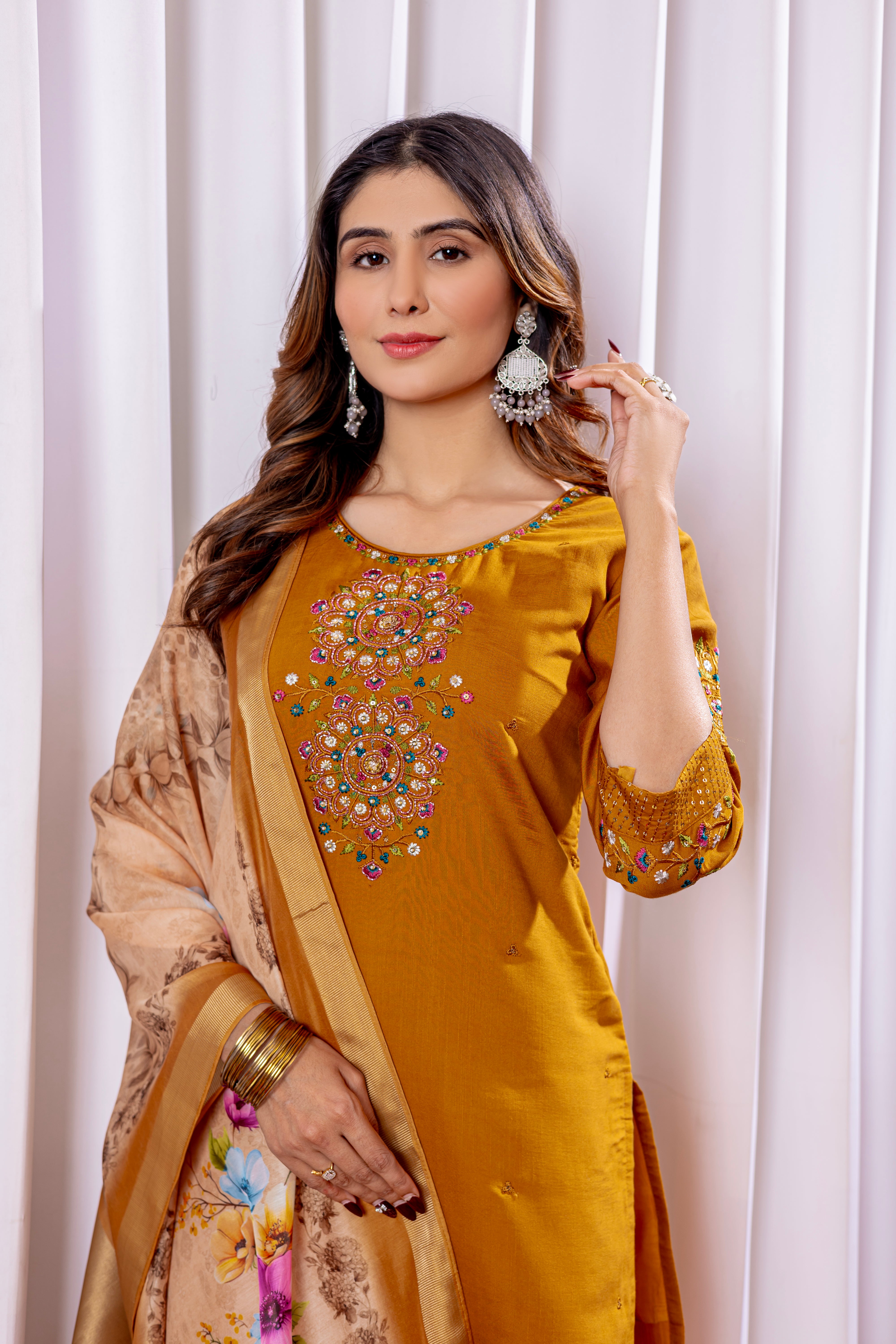 Viscose Silk Embroidered Straight Kurti Set – Mustard