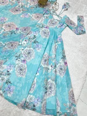 Georgette Printed Gown Set – Sky Blue Floral