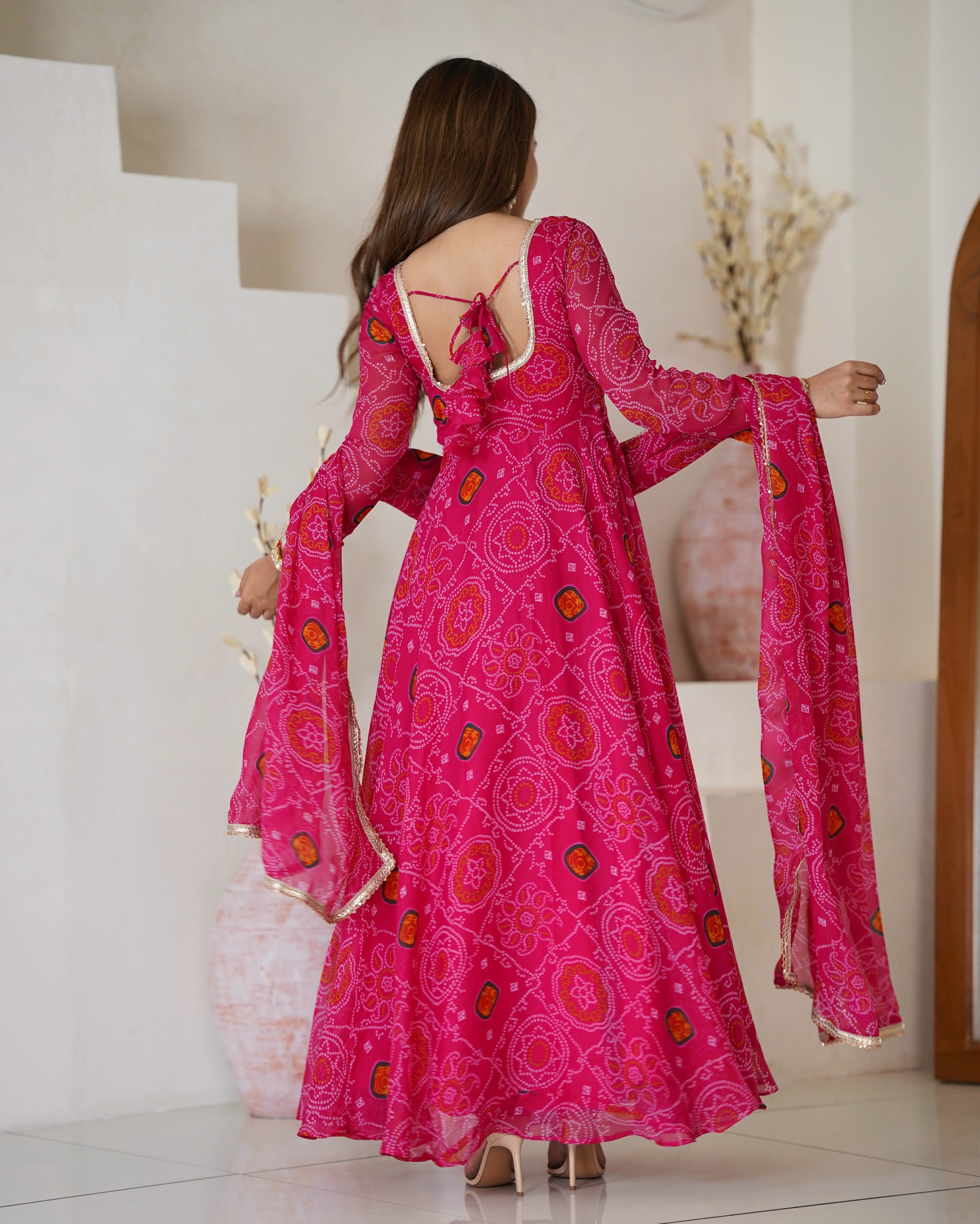 Soft Lightweight Chiffon Bandhej Fabric Inner Micro Cotton Embroidered Anarkali Set – Pink