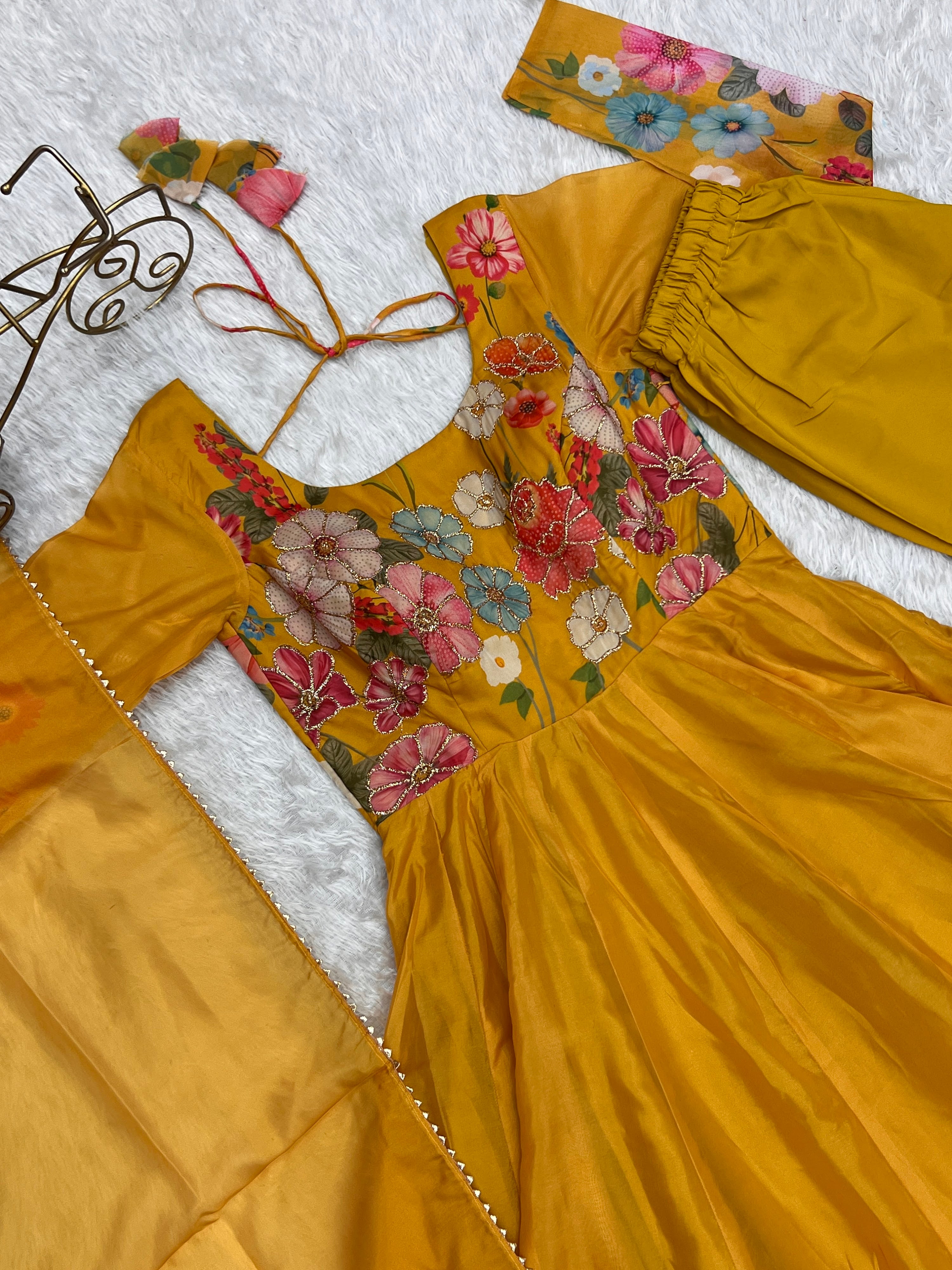 Organza Silk Printed Anarkali Set – Yellow