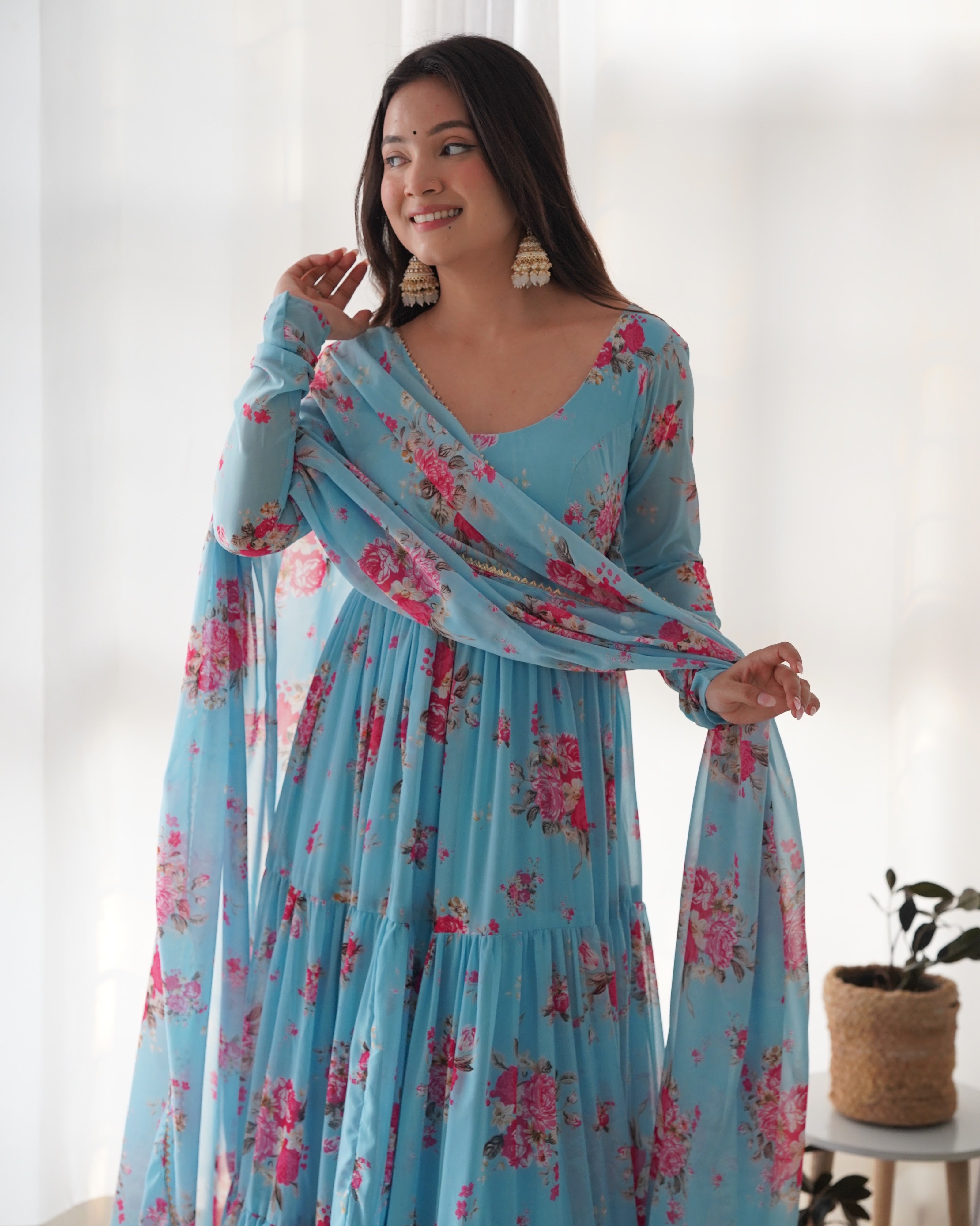 Georgette Printed Anarkali Set – Blue