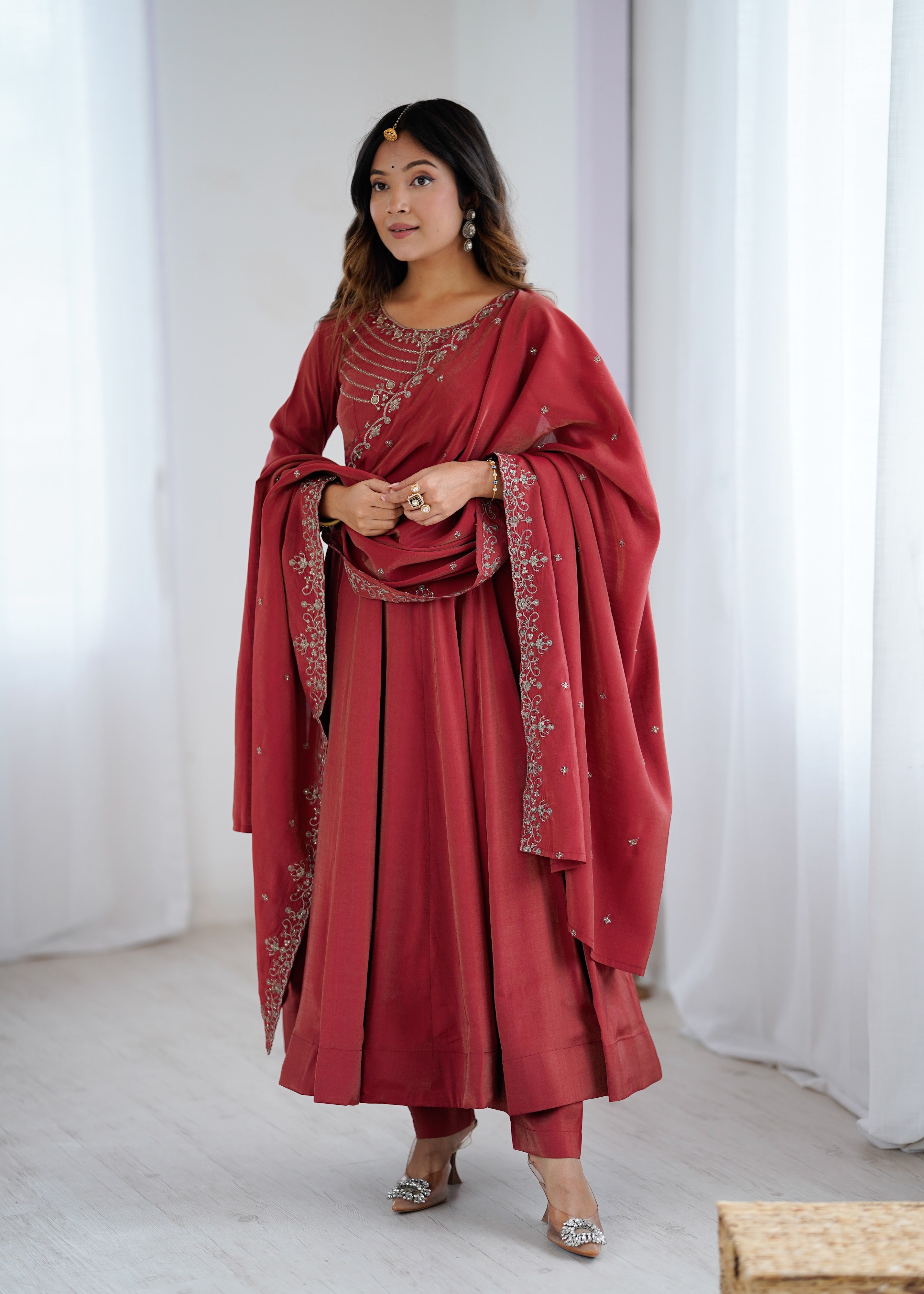 Roman Shimmer Silk Embroidered Anarkali Set – Maroon