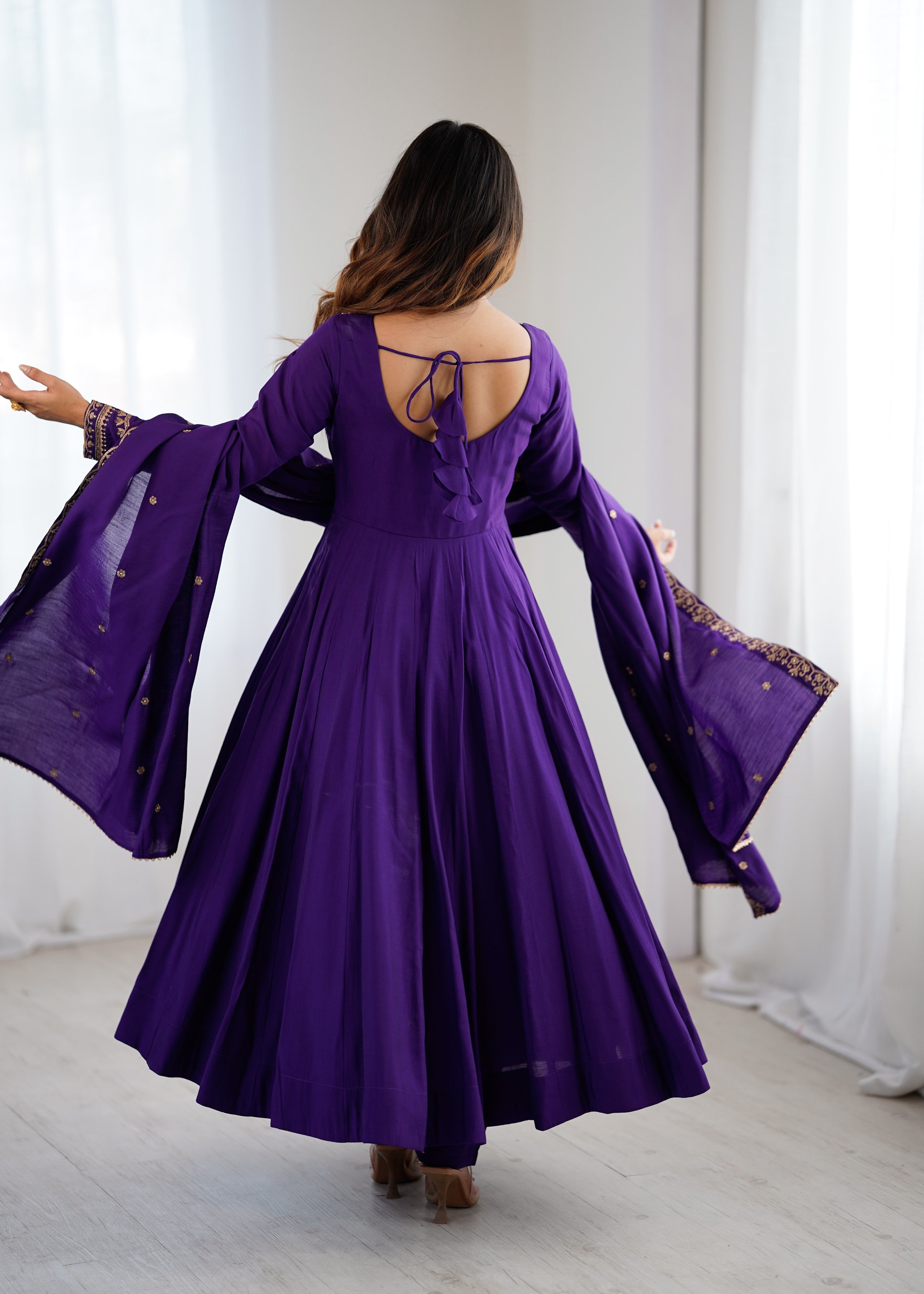 Roman Chanderi Silk Embroidered Anarkali Set – Purple