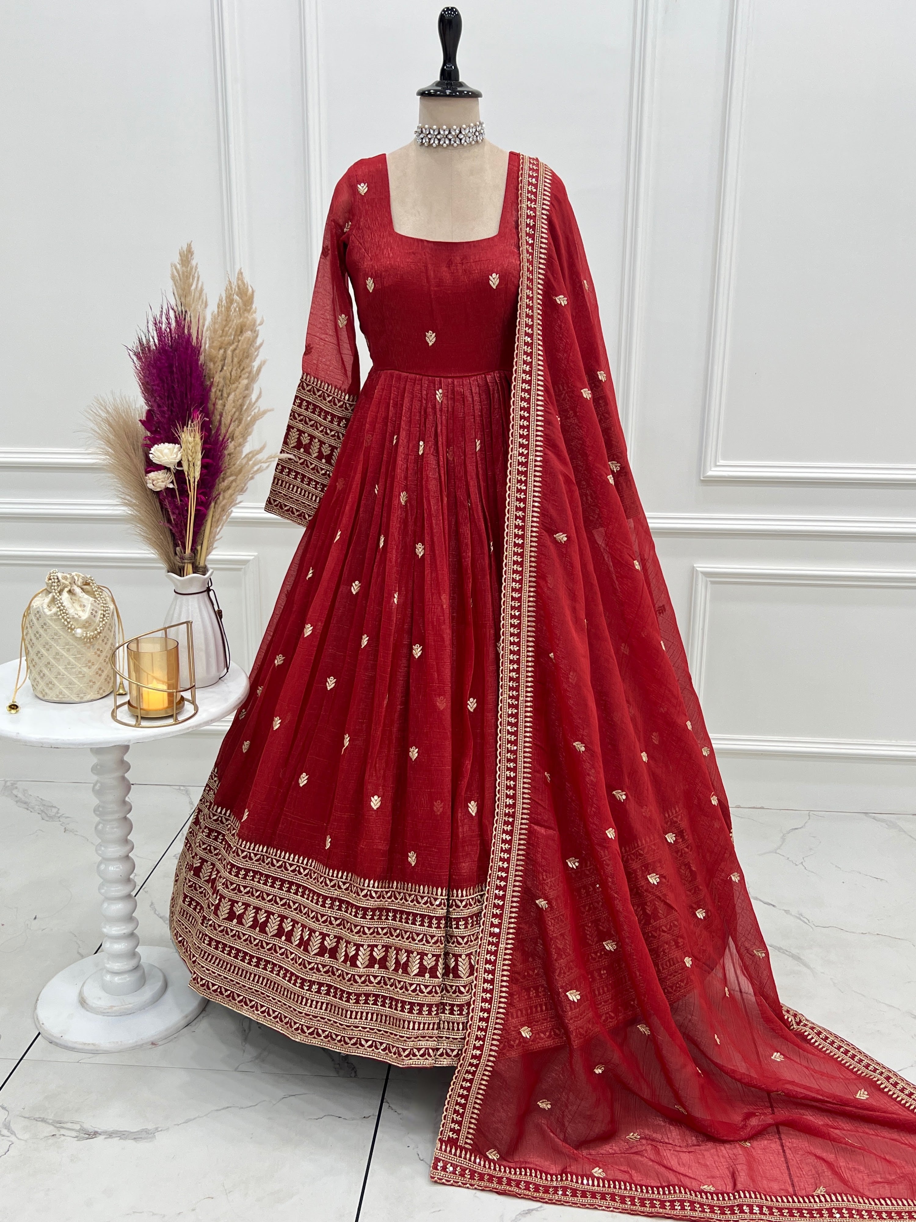 Crunchy Silk Embroidered Gown Set – Rust