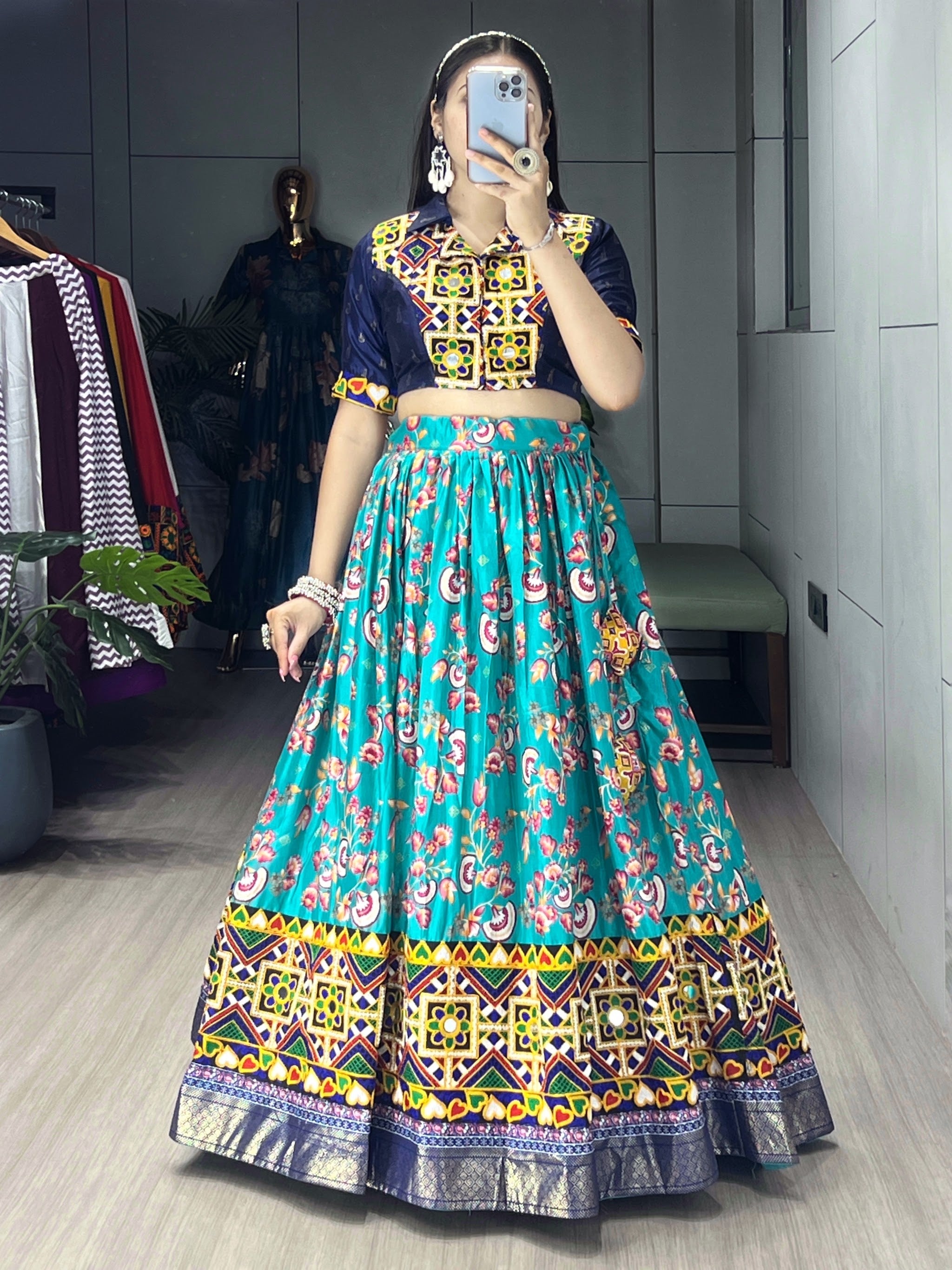 Navratri Firozi Floral Lehenga Set