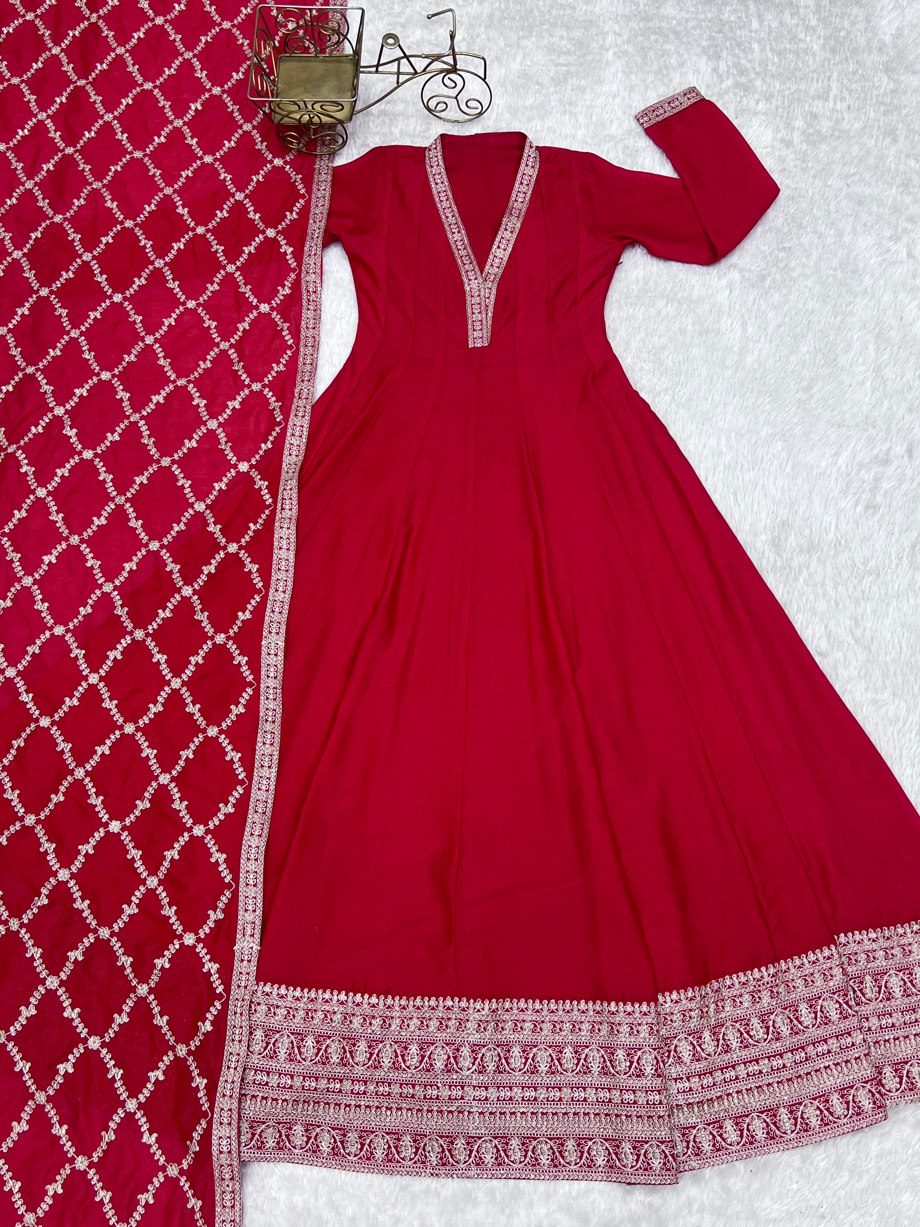 Vichitra Silk Embroidered Gown Set – Red