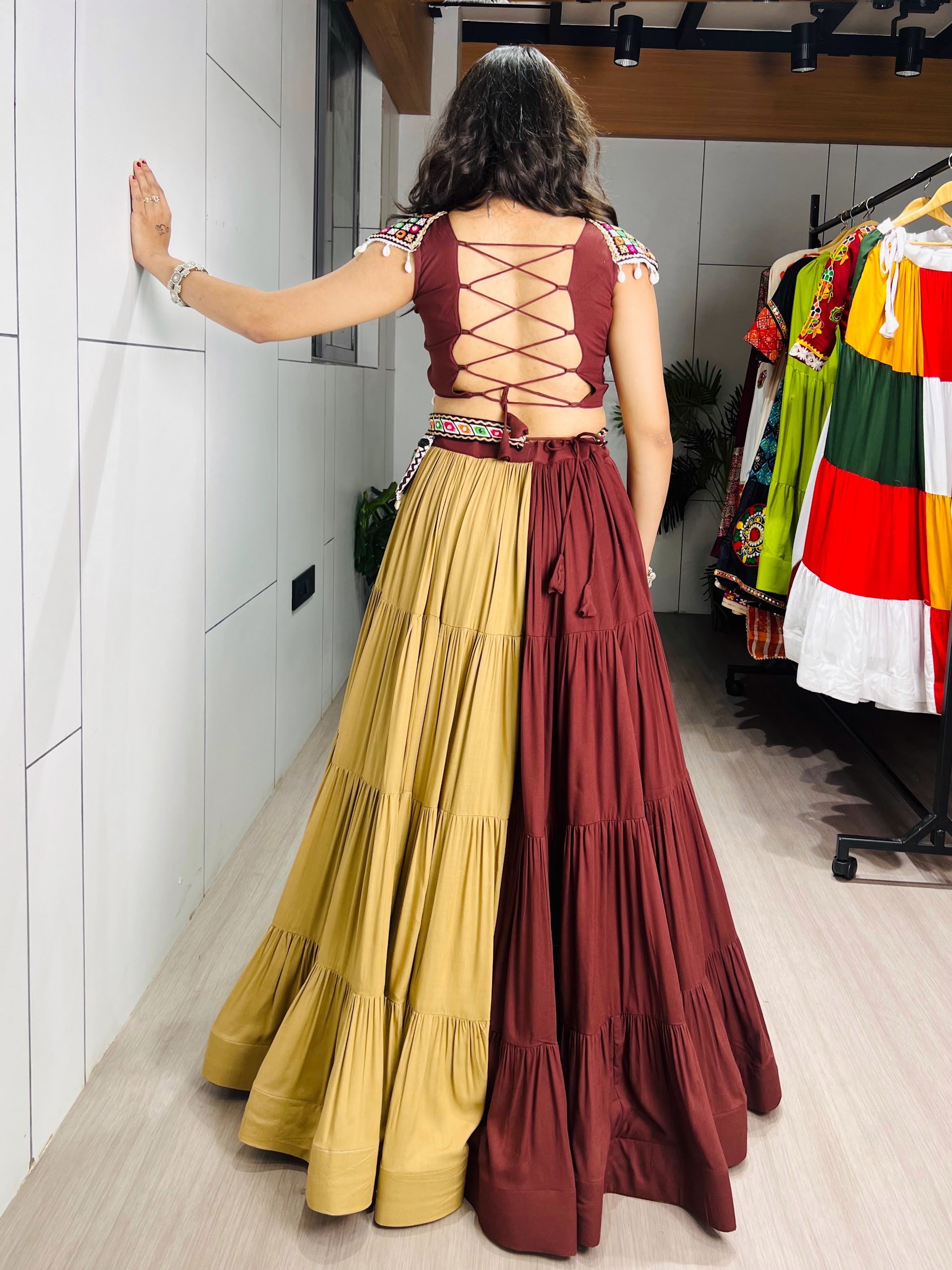 Navratri Brown Beige Brownie Lehenga Set