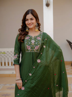 Pure Viscose Mango Silk Embroidered Straight Kurti Set – Green