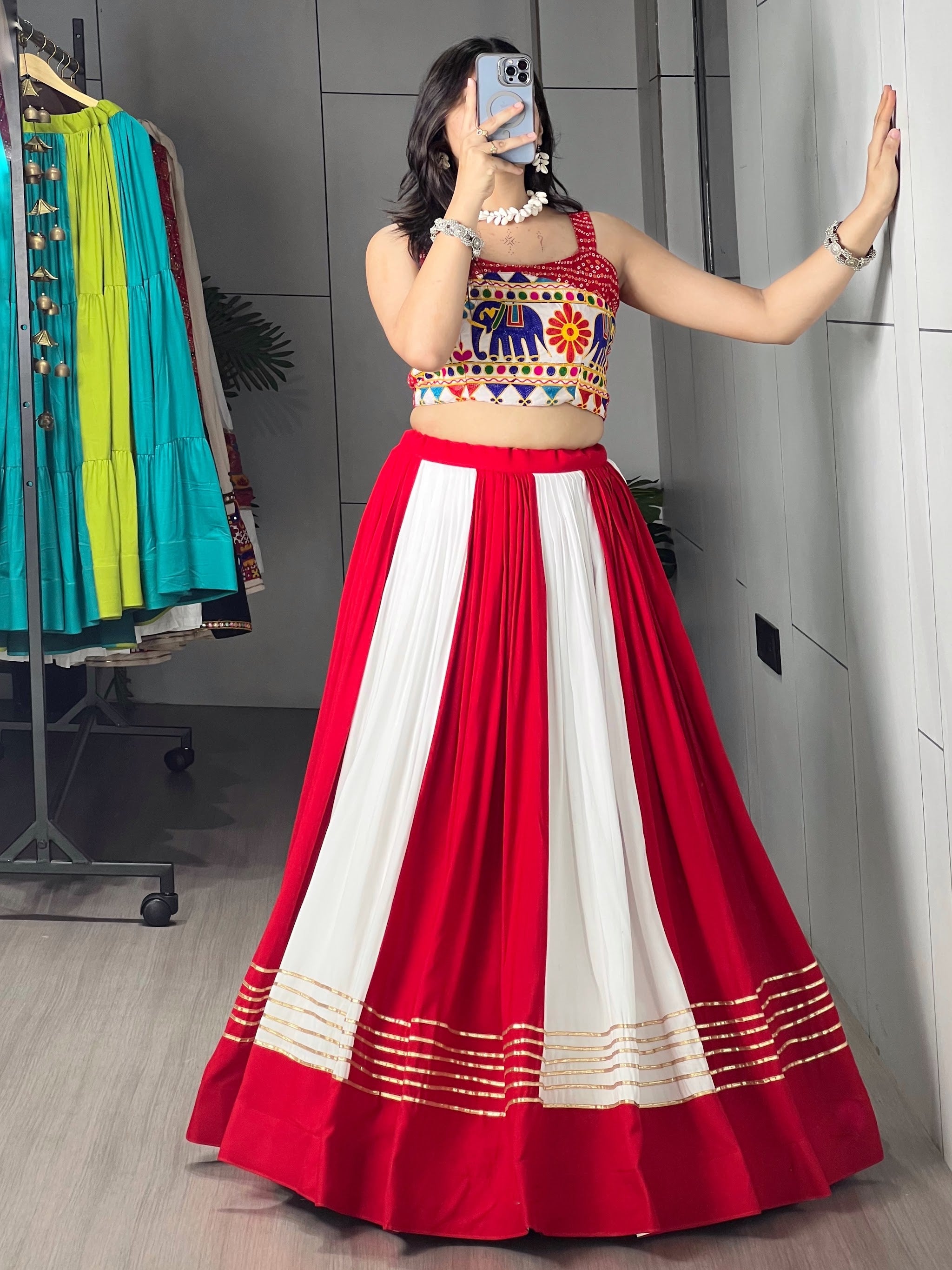 Navratri Red White Laal Leher Lehenga Set