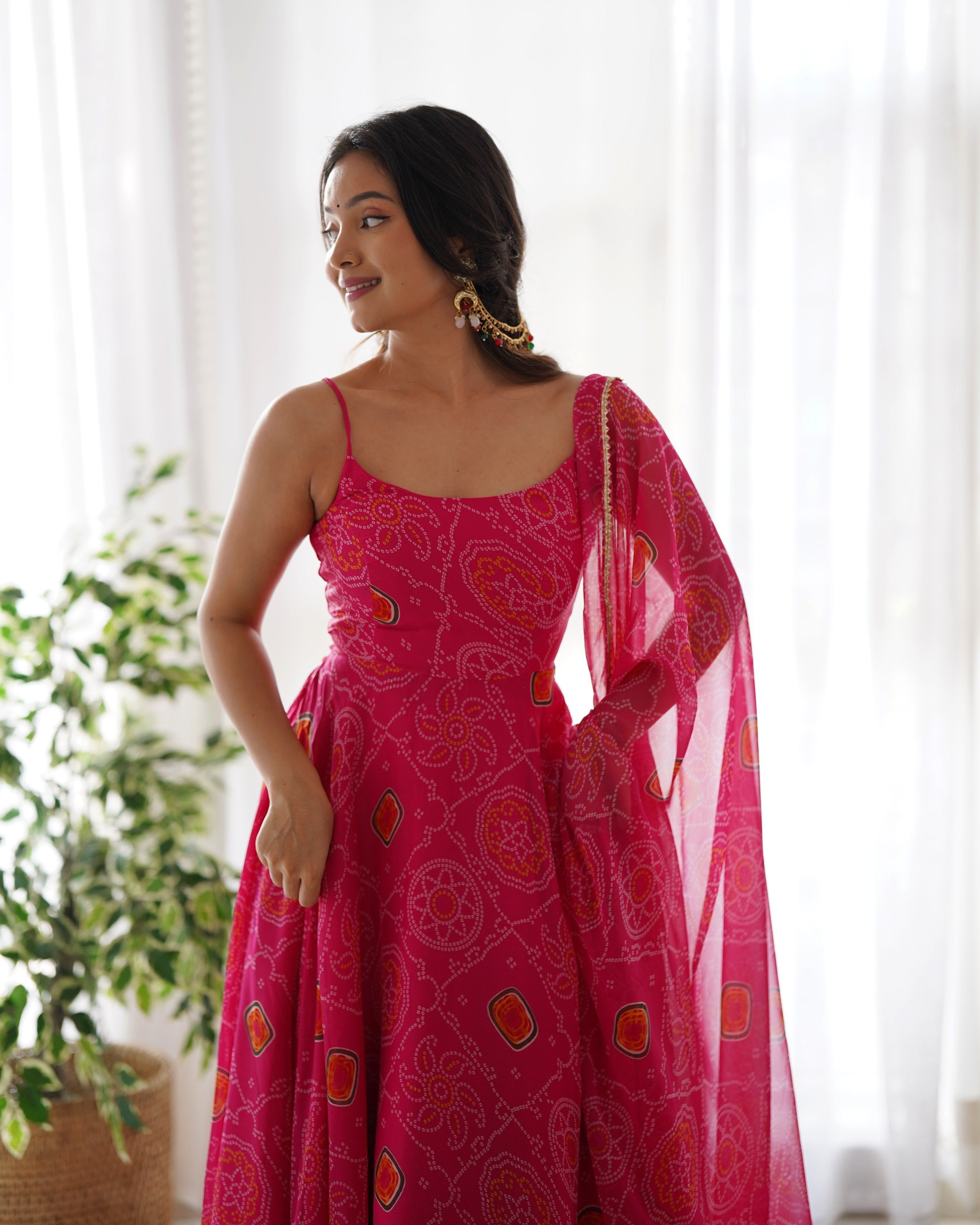 Soft Lightweight Chiffon Bandhej Embroidered Gown Set – Pink
