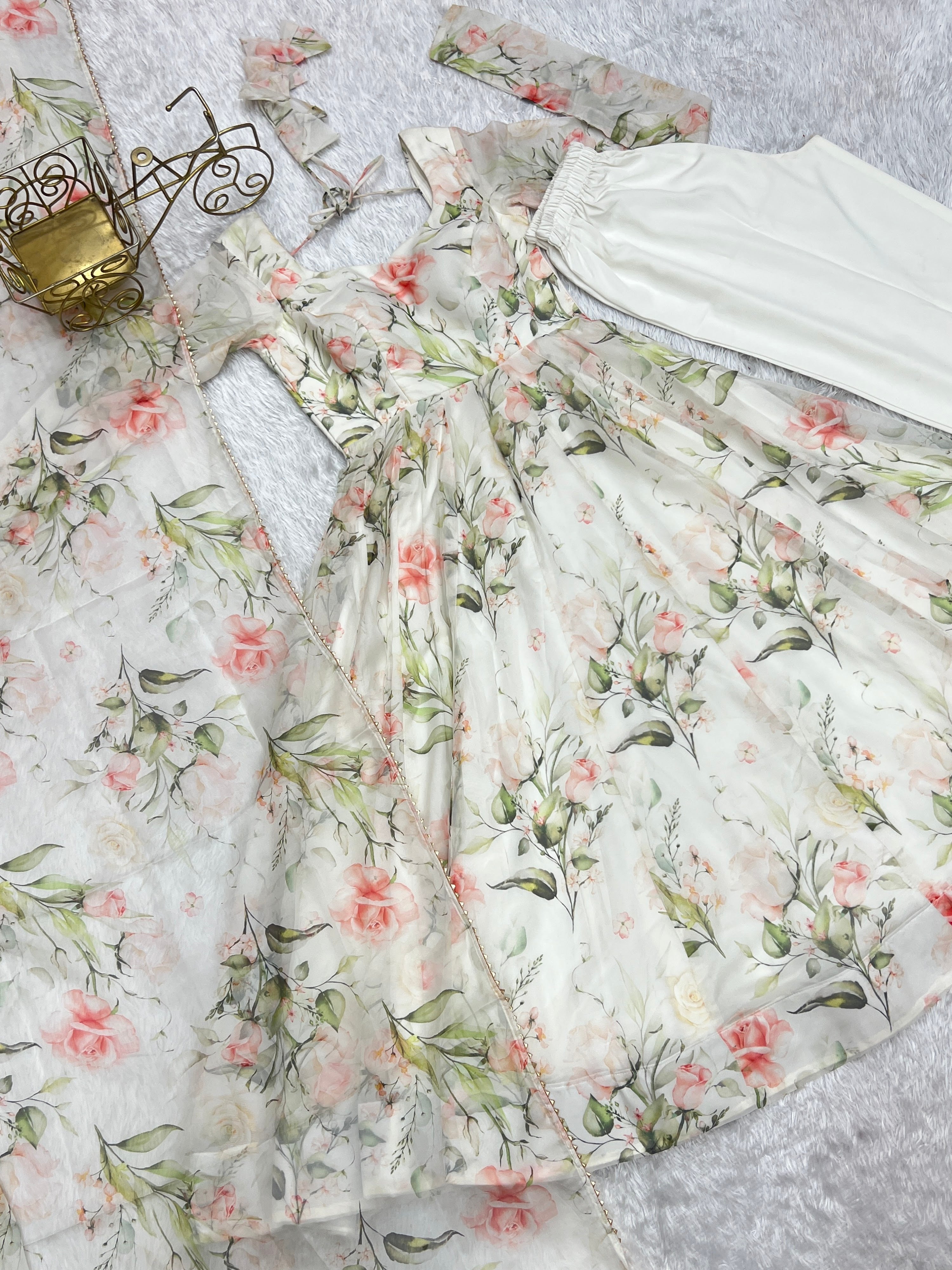Organza Silk Printed Anarkali Set – Off White
