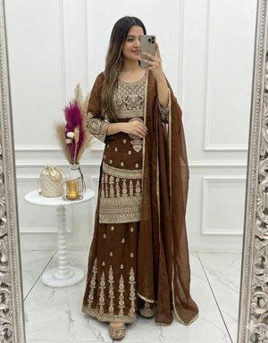 Crunchy Silk Embroidered Sharara Set – Coffee Brown