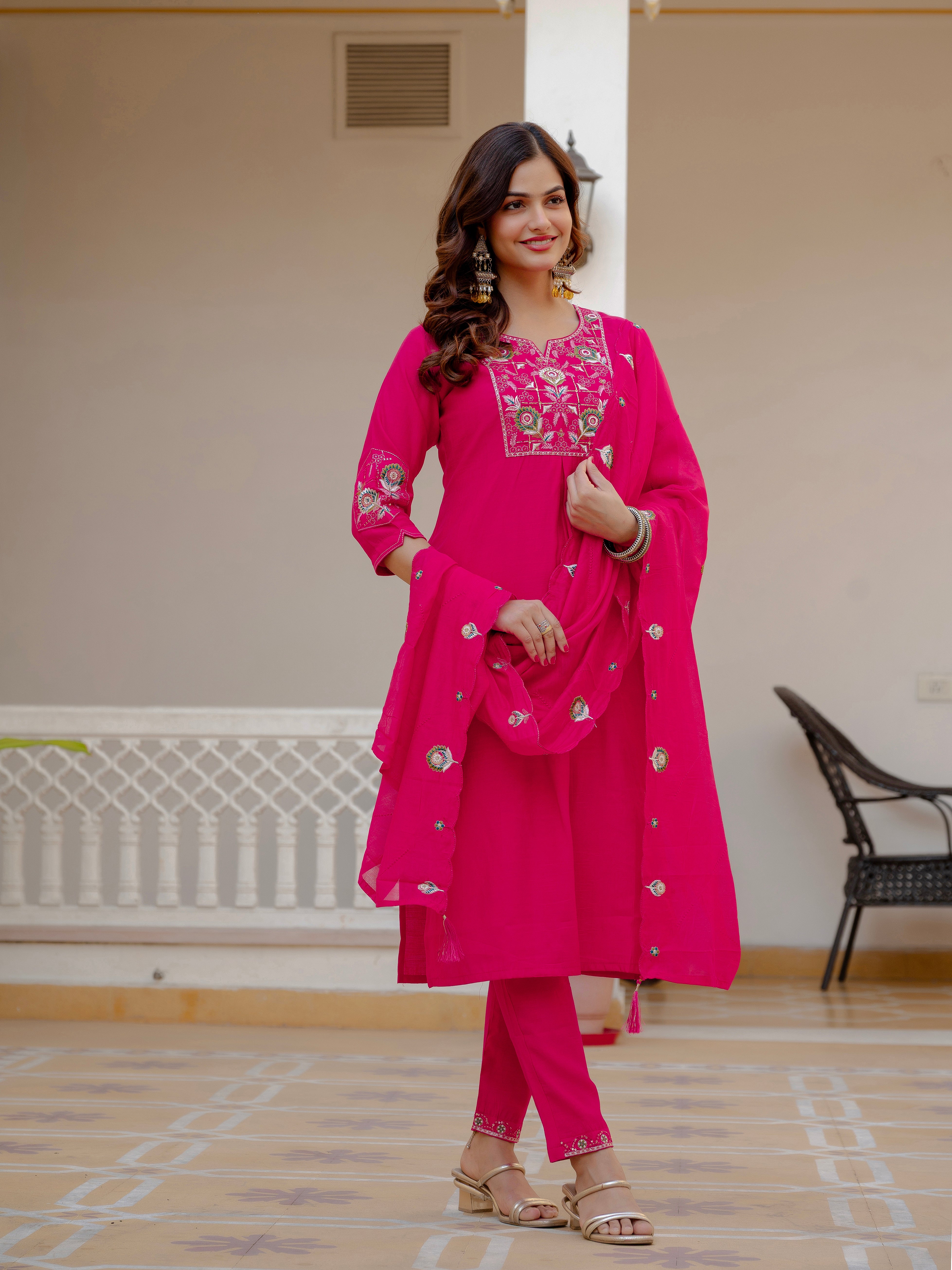 Pure Viscose Mango Silk Embroidered Straight Kurti Set – Pink