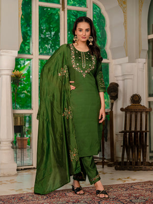 Marina Silk Embroidered Straight Kurti Set – Mehndi Green