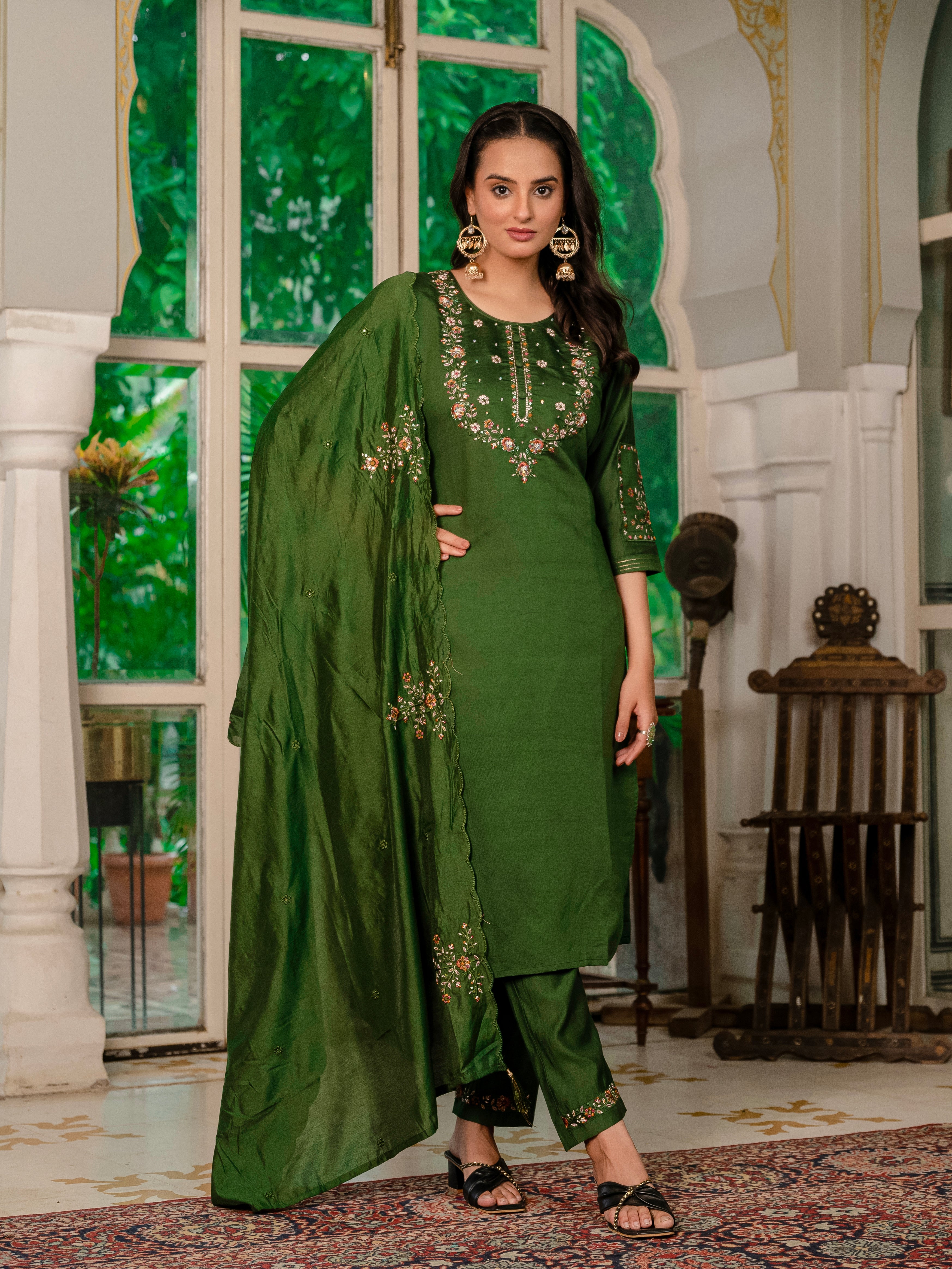 Marina Silk Embroidered Straight Kurti Set – Mehndi Green