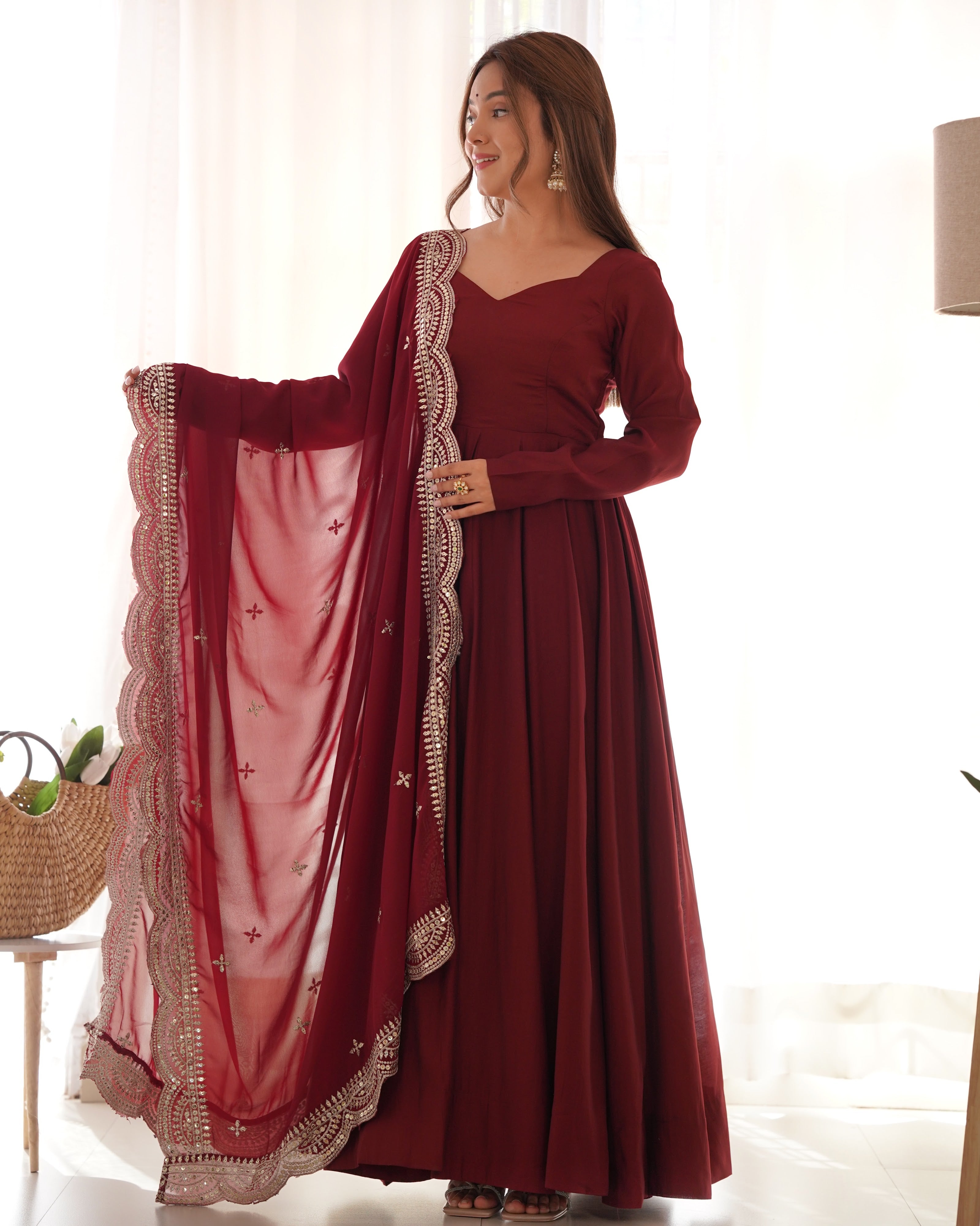 Roman Chanderi Silk Embroidered Anarkali Set – Maroon