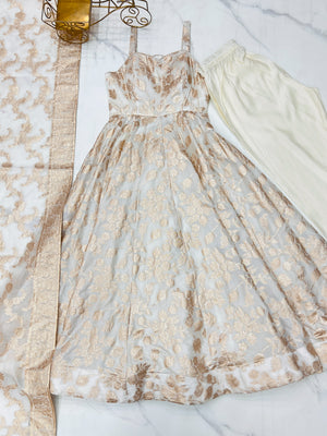 Fancy Banarasi Jackquard Dola Silk Fabric Designer Anarkali Set – Ivory