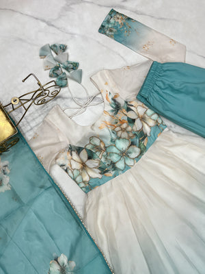 Organza Silk Printed Anarkali Set – Aqua Blue