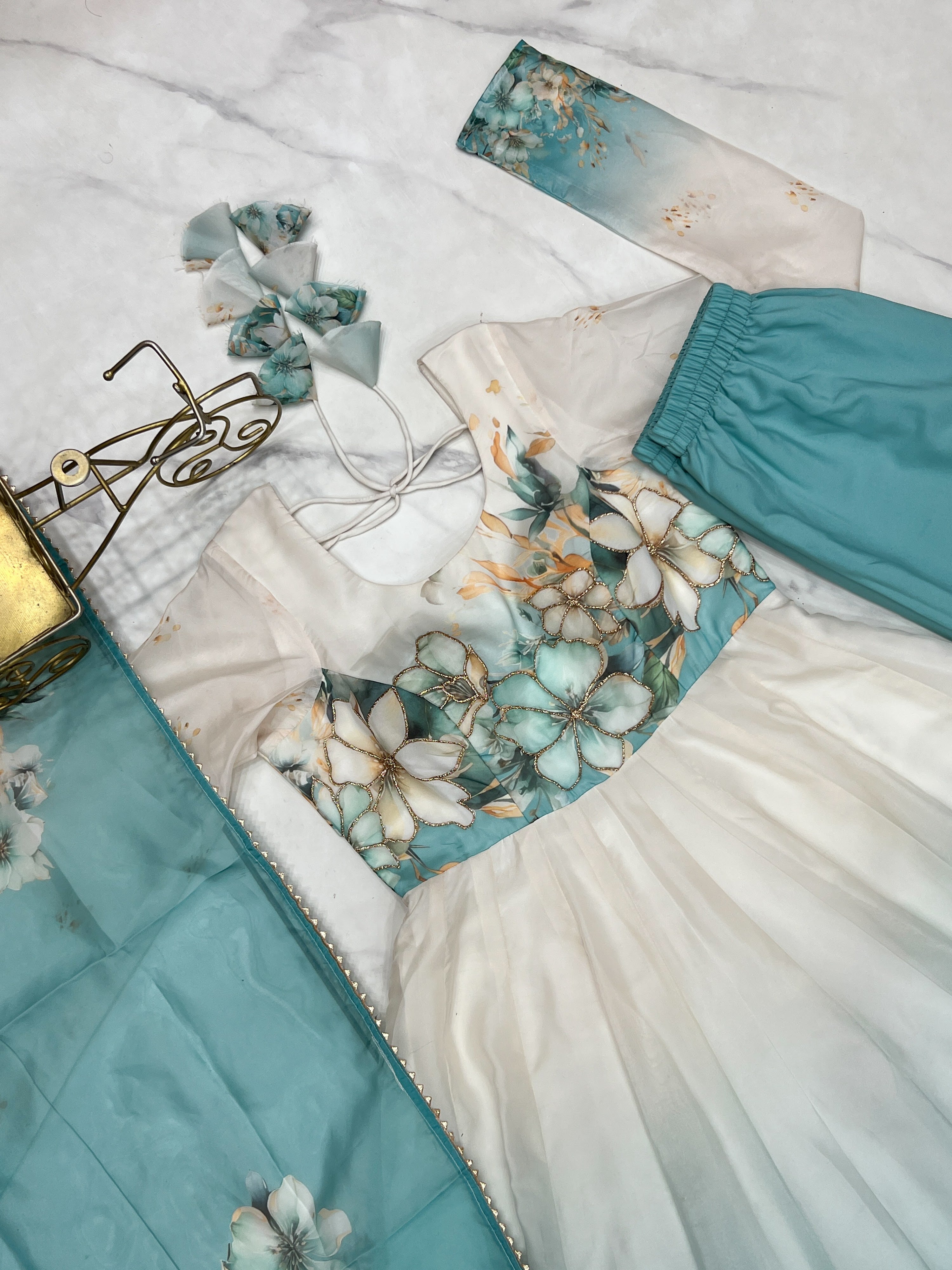 Organza Silk Printed Anarkali Set – Aqua Blue
