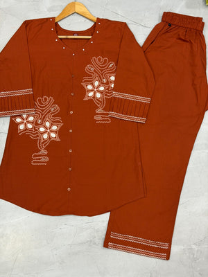 Pure Cotton Embroidered Co-Ords Set – Rust