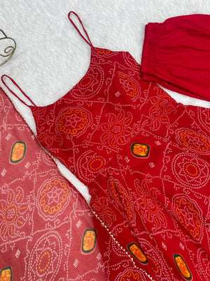 Soft Lightweight Chiffon Bandhej Embroidered Gown Set – Red