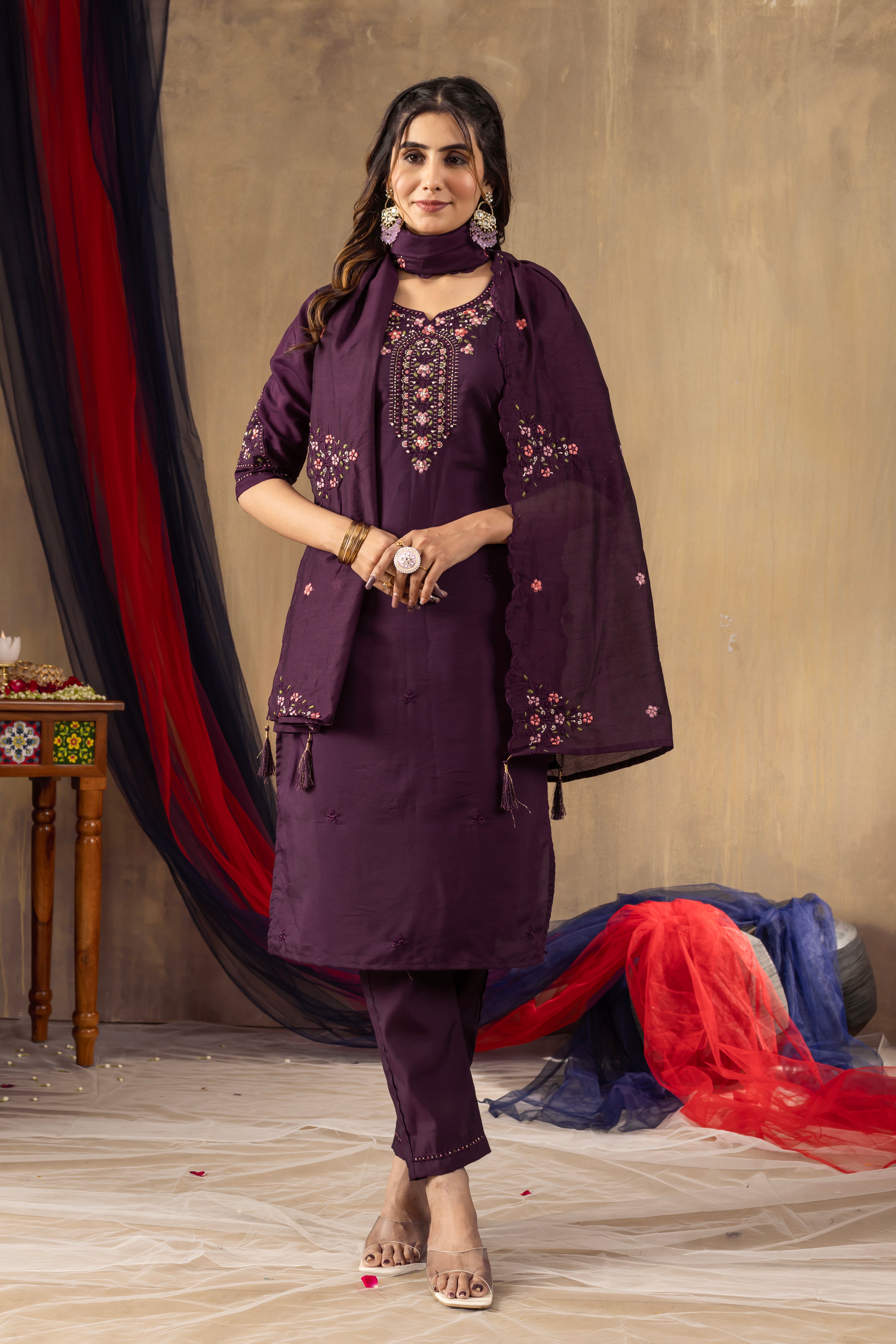 Roman Silk Embroidered Straight Kurti Set – Wine