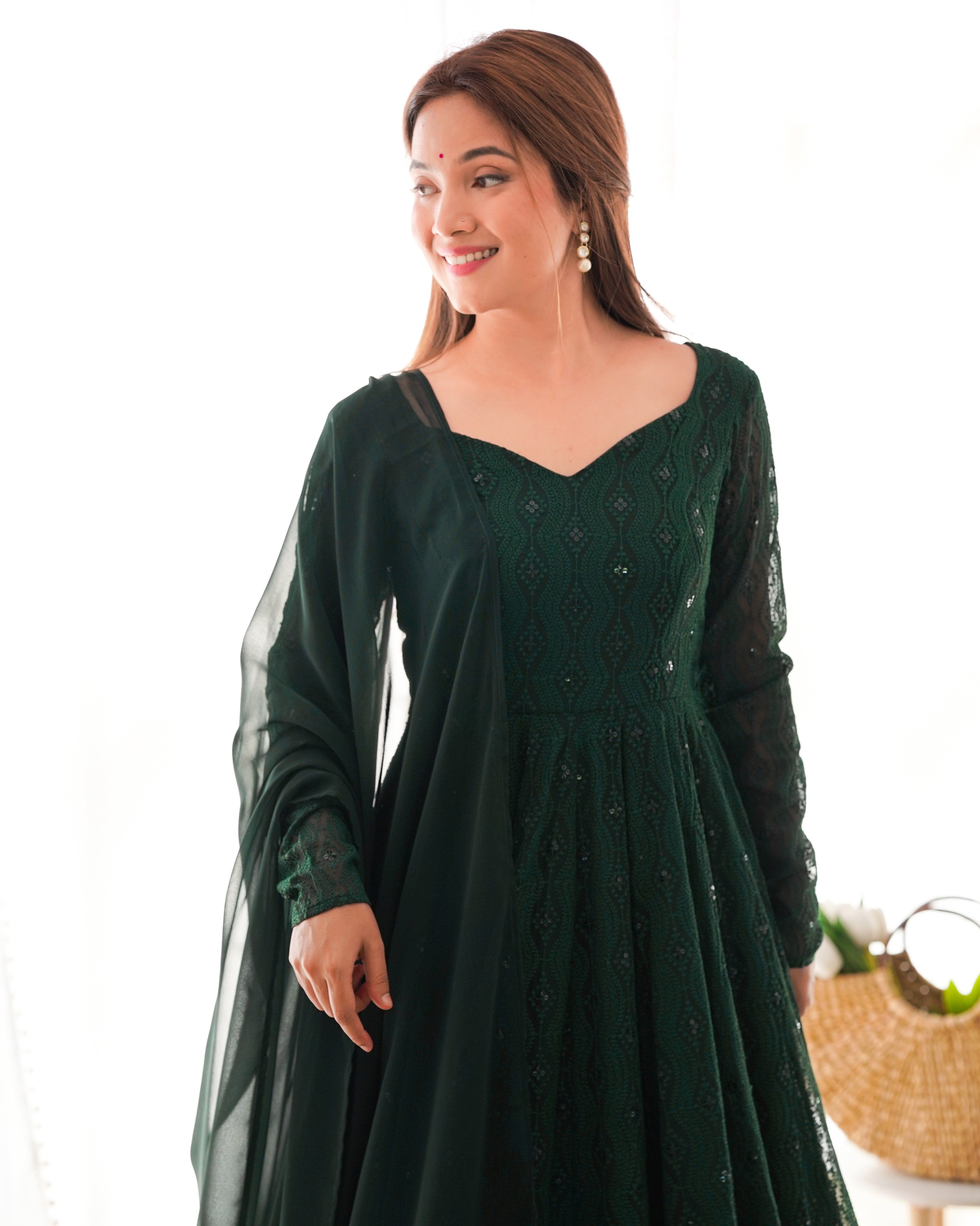 Georgette Embroidered Anarkali Set – Bottle Green