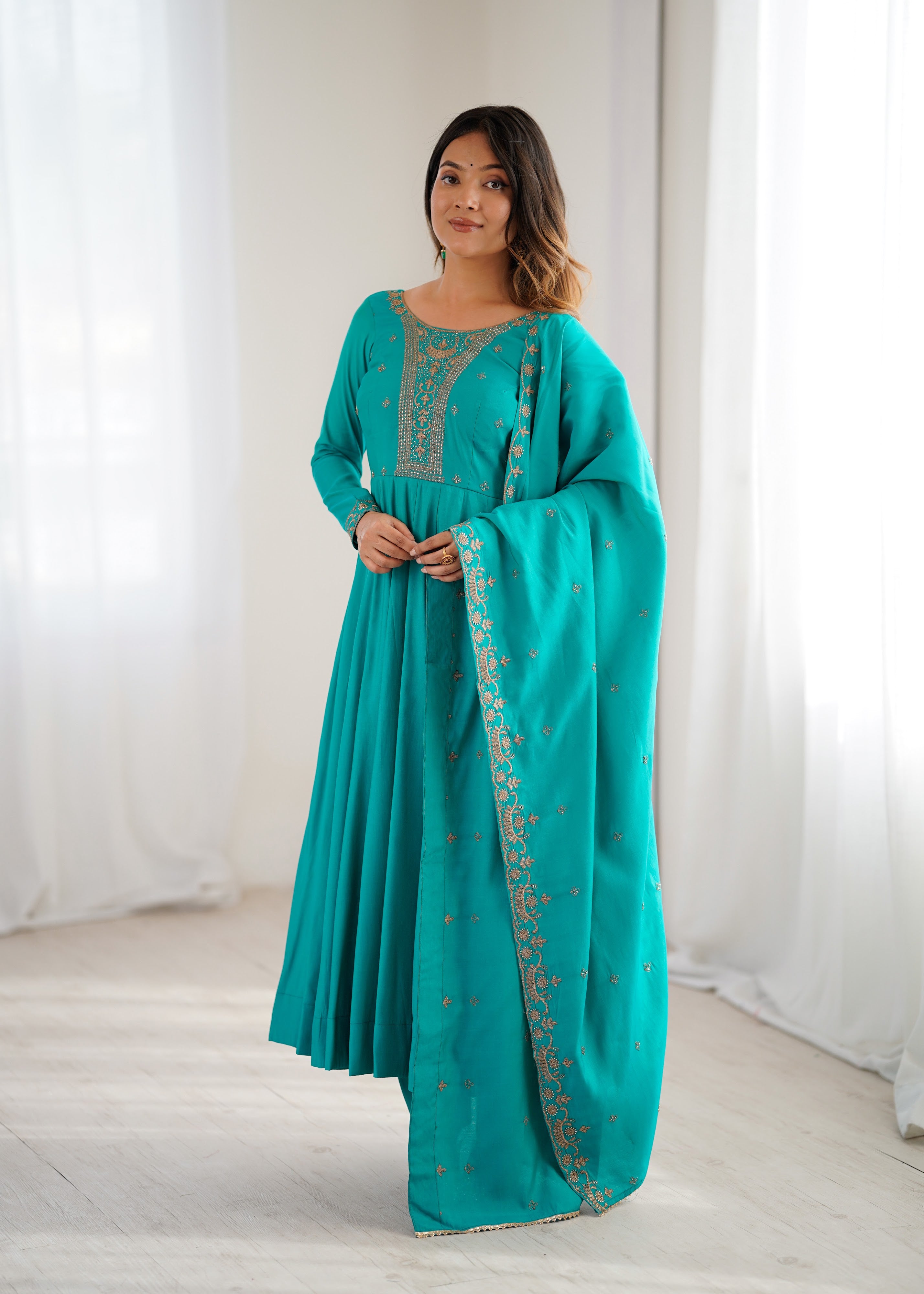 Roman Chanderi Silk Embroidered Anarkali Set – Teal Blue