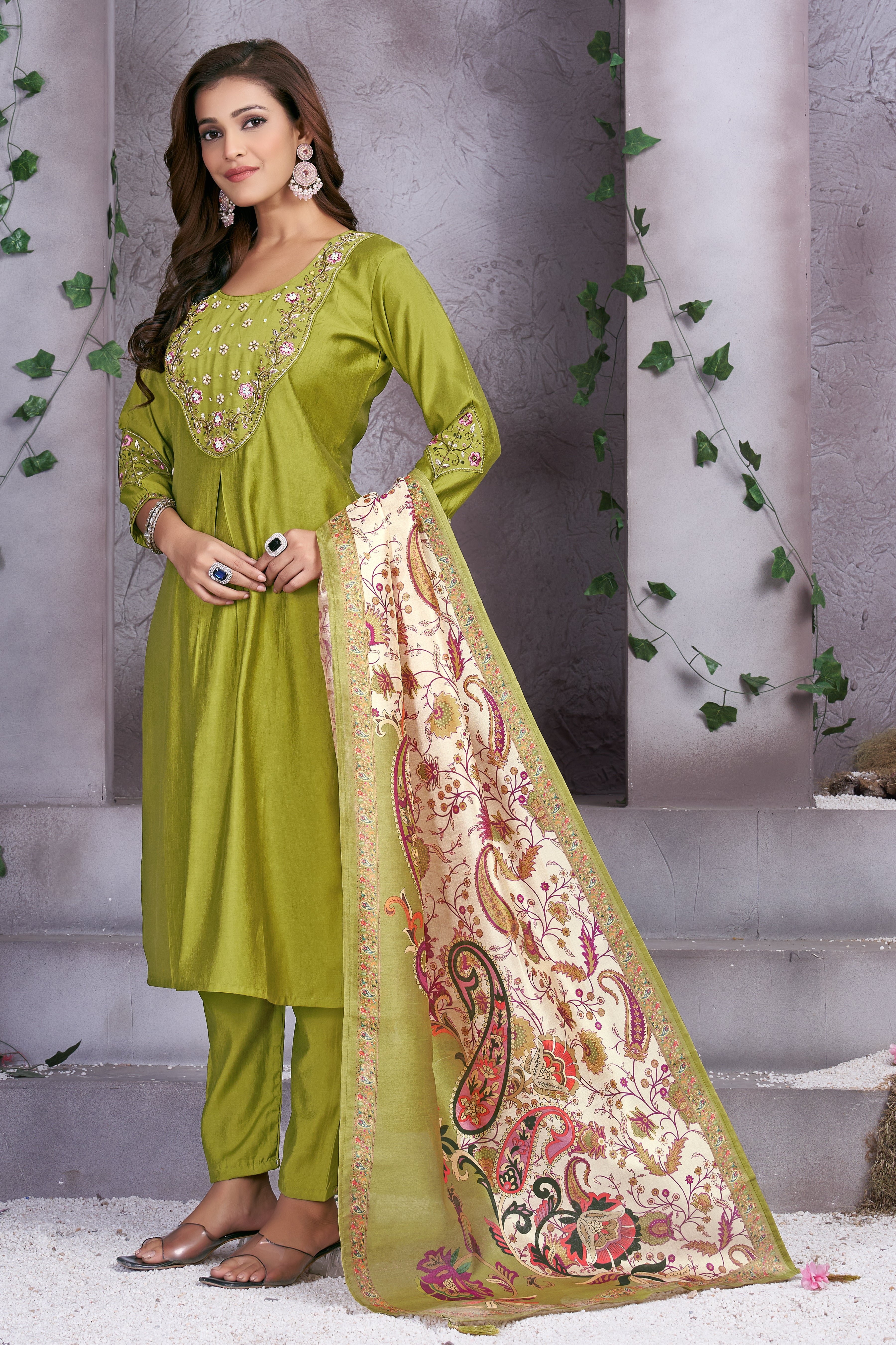 Premium Marina Silk Embroidered Straight Kurti Set – Parrot Green