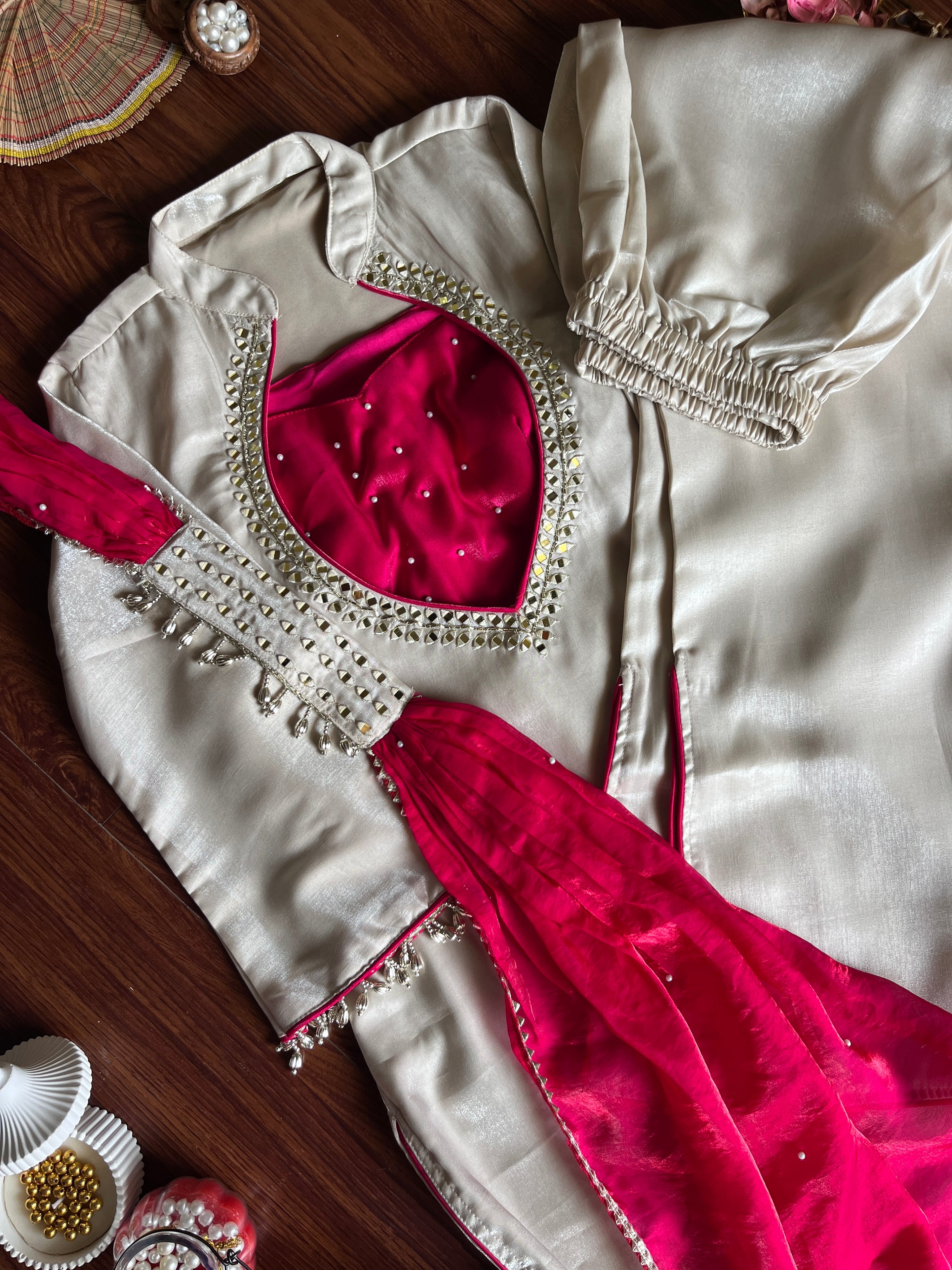 Roman Glass Silk Embroidered Kurti + Blouse + Palazzo Set – Ivory & Rani Pink
