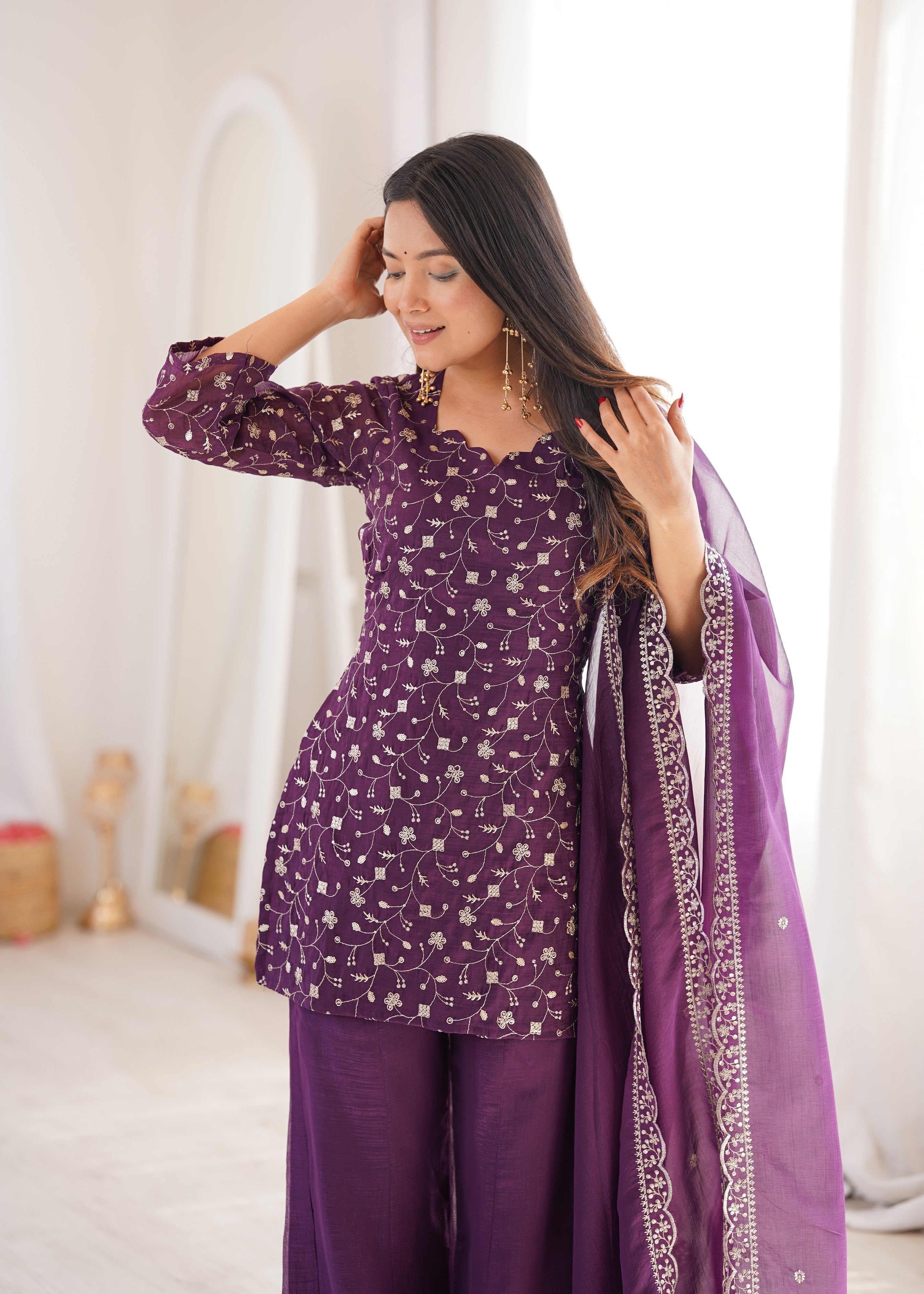 Crunchy Silk Embroidered Bell Bottom Set – Wine