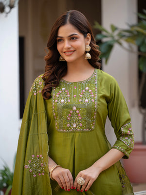 Pure Viscose Mango Silk Embroidered Straight Kurti Set – Mhendi Green