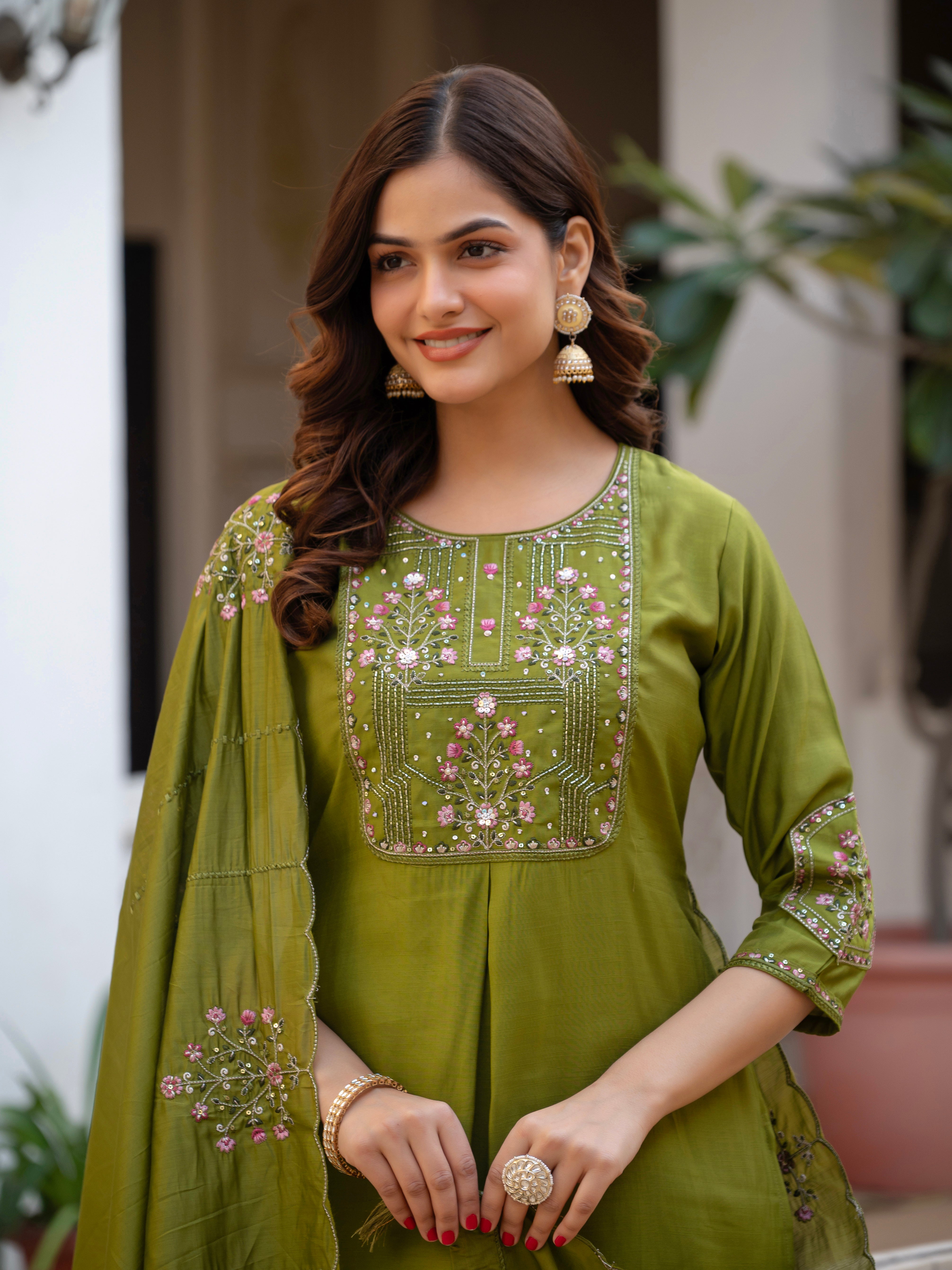 Pure Viscose Mango Silk Embroidered Straight Kurti Set – Mhendi Green