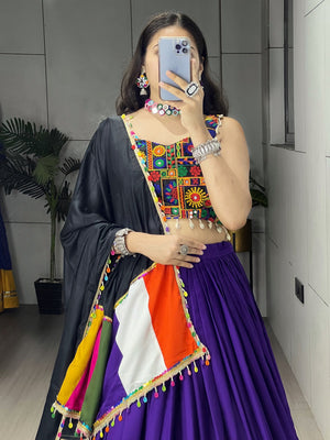 Navratri Purple Gamthi Mirror Work Lehenga Set