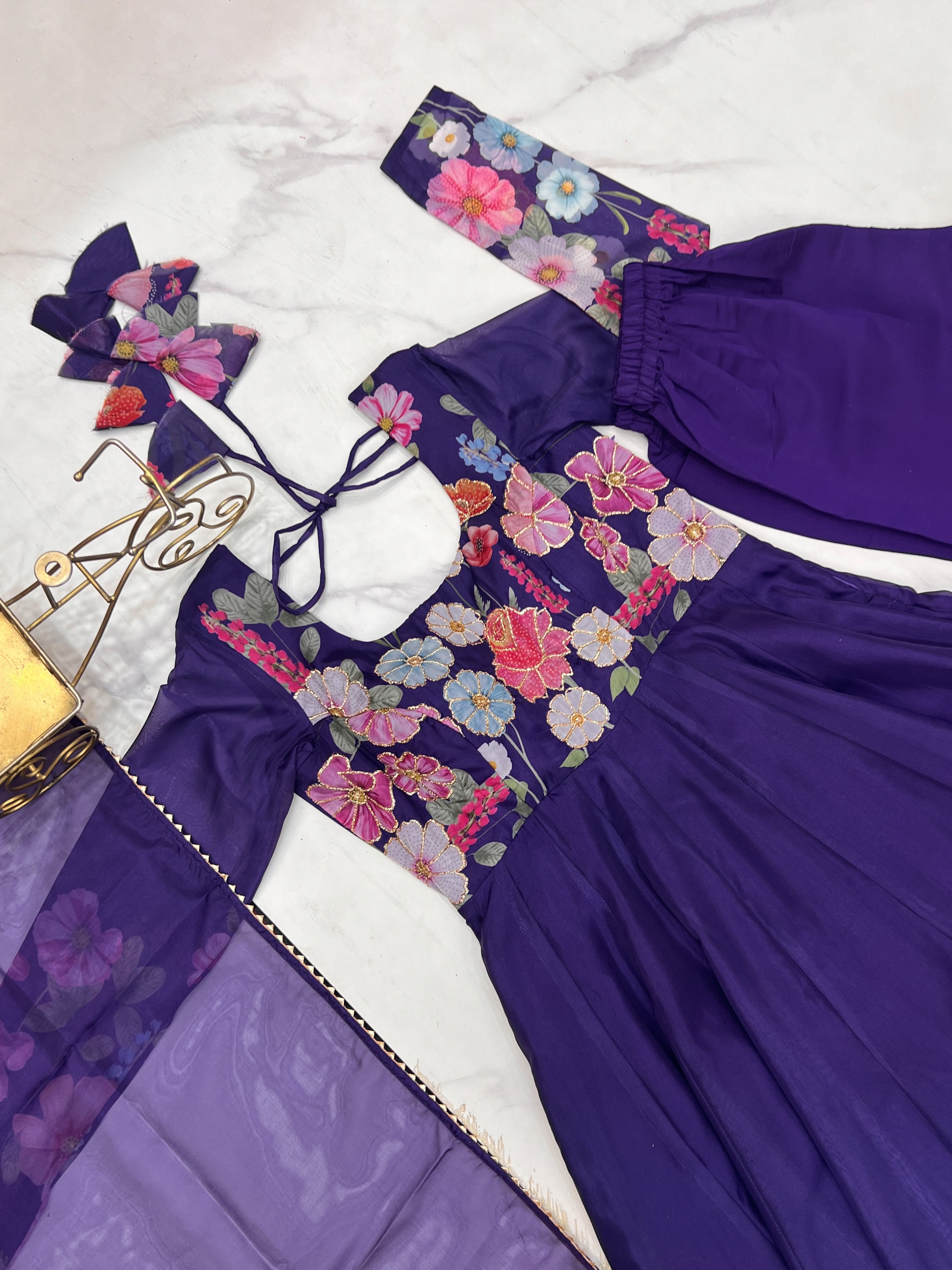 Organza Silk Printed Anarkali Set – Purple