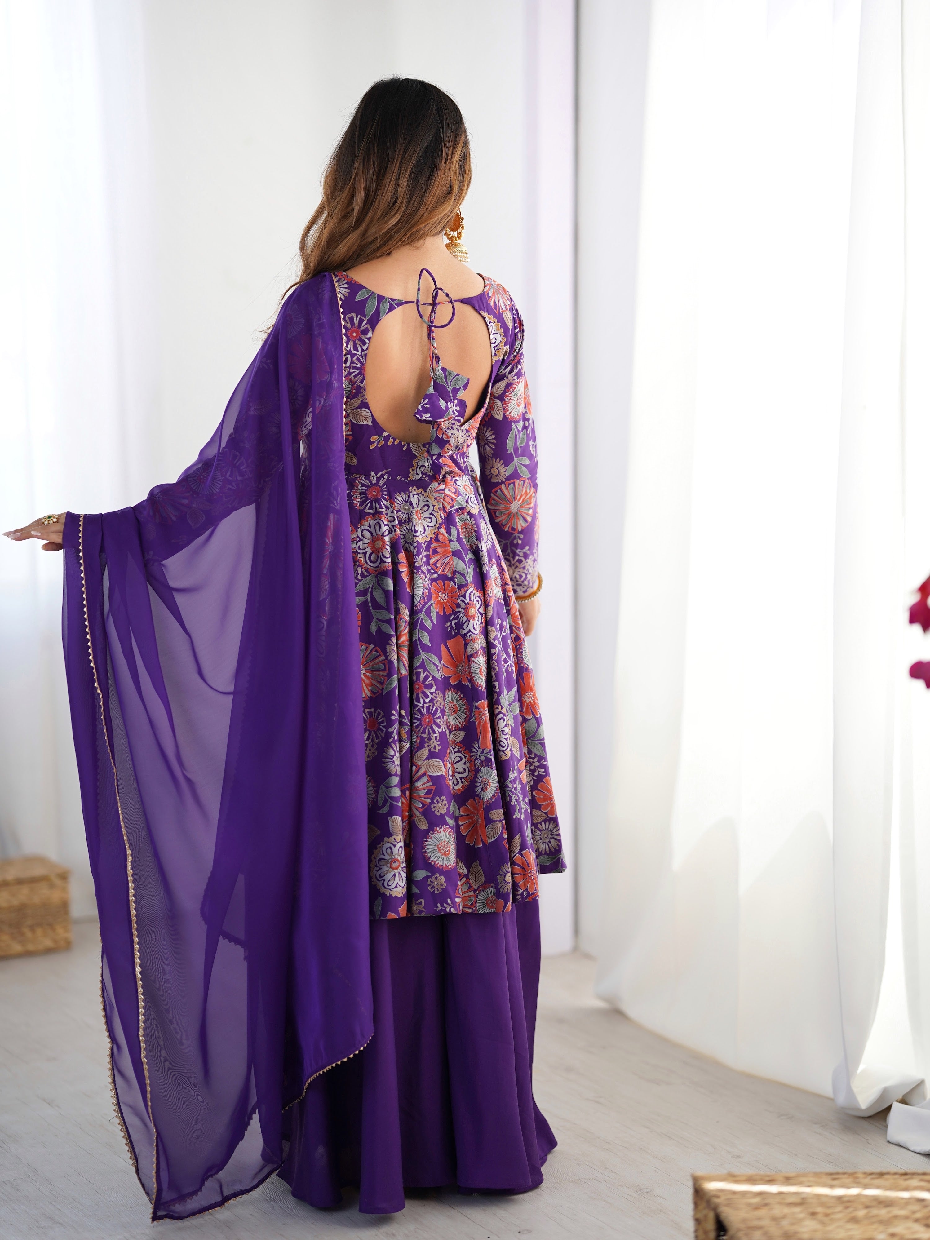 Roman Chanderi Silk Printed Kurta-Palazzo Set – Purple