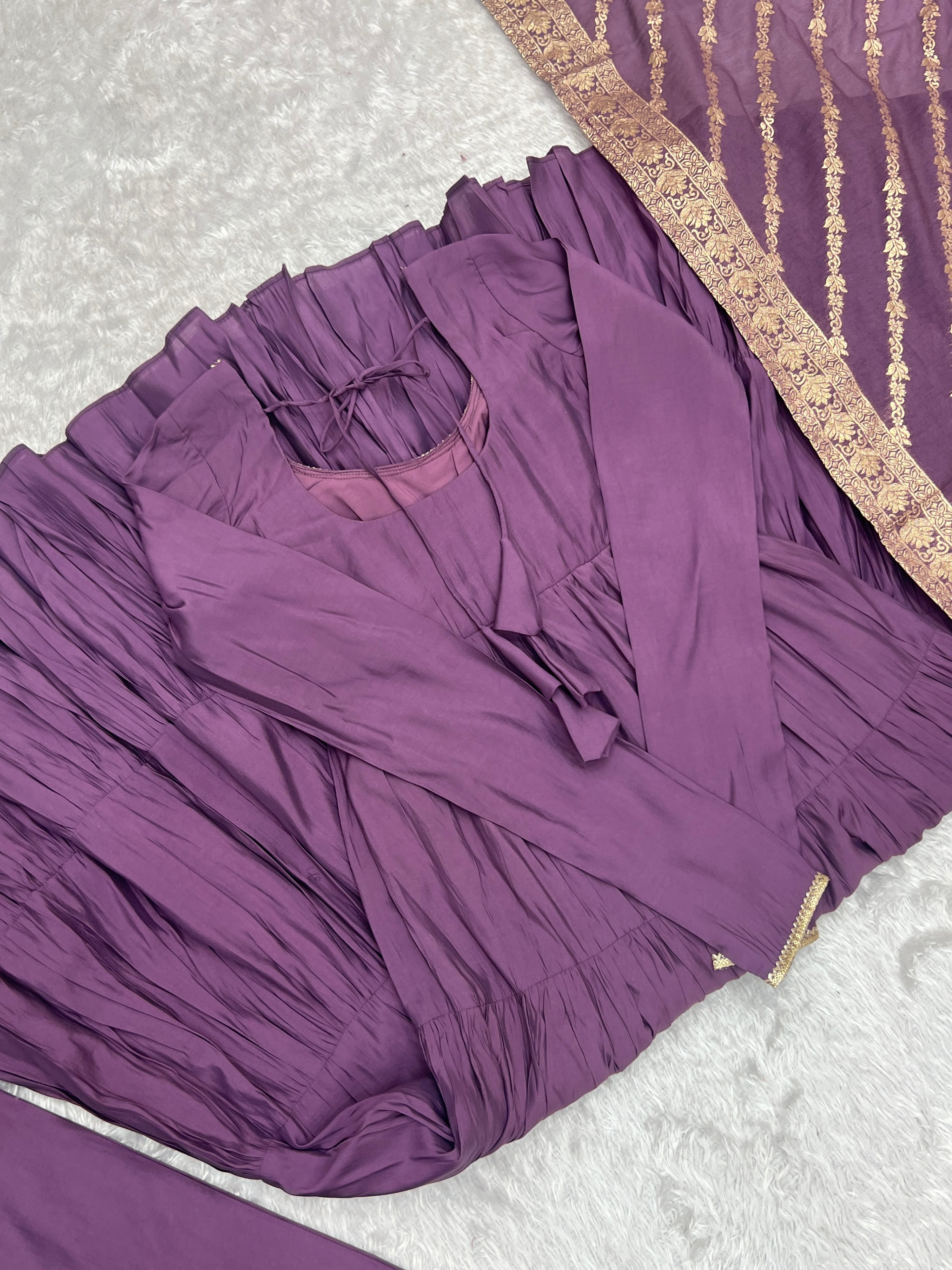 Roman Chanderi Silk Embroidered Anarkali Set – Purple