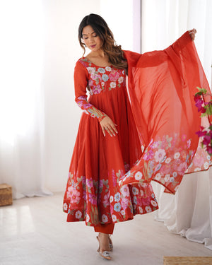 Organza Silk Printed Anarkali Set – Rust