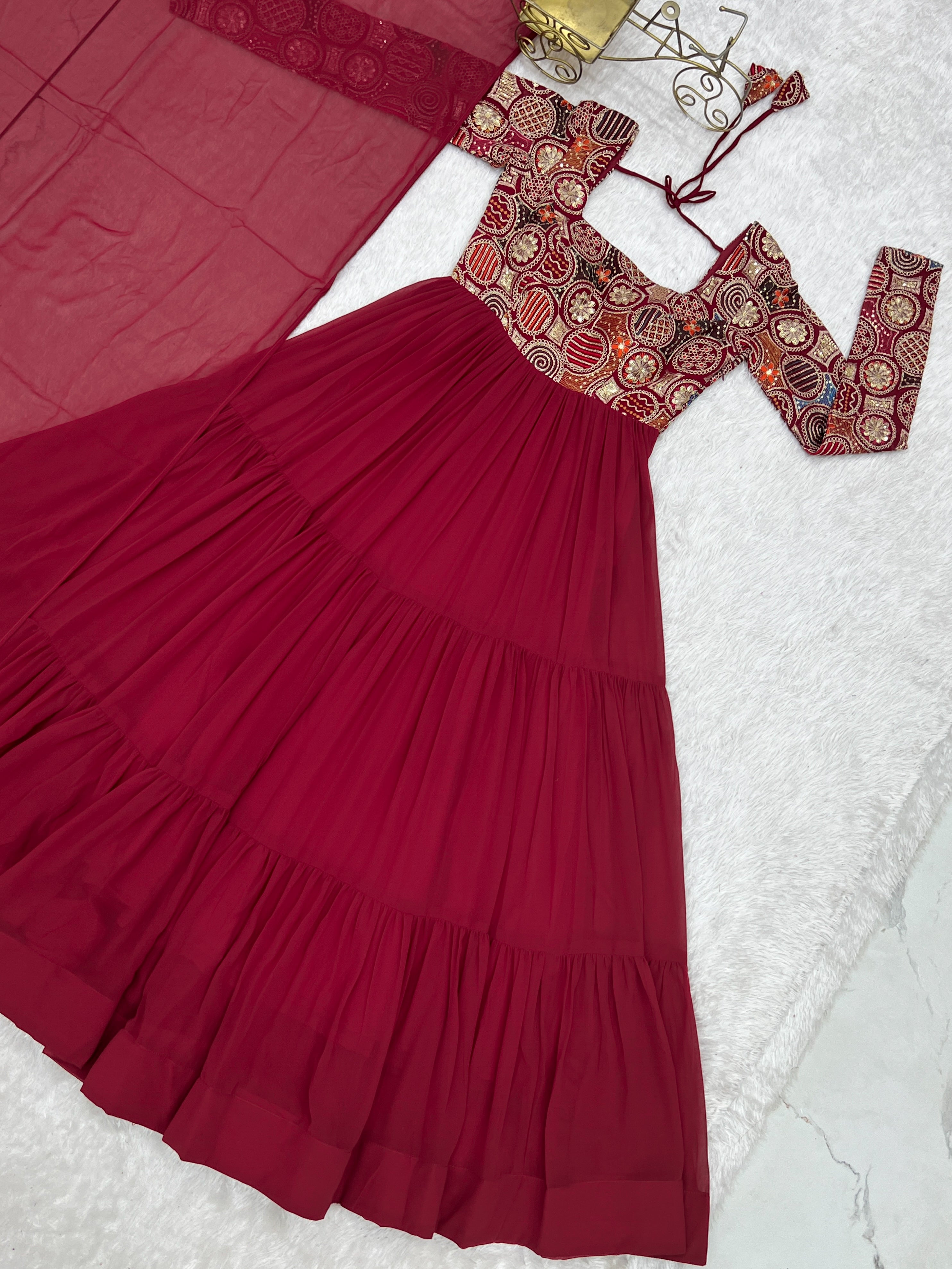 Georgette Embroidered Anarkali Set – Wine