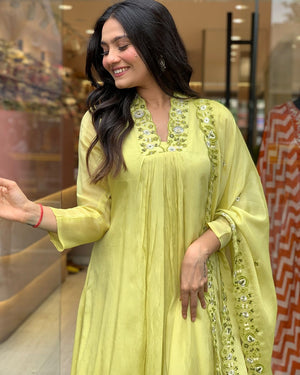 Viscose Chinon Embroidered Kurta Pant Dupatta Set – Lime Green