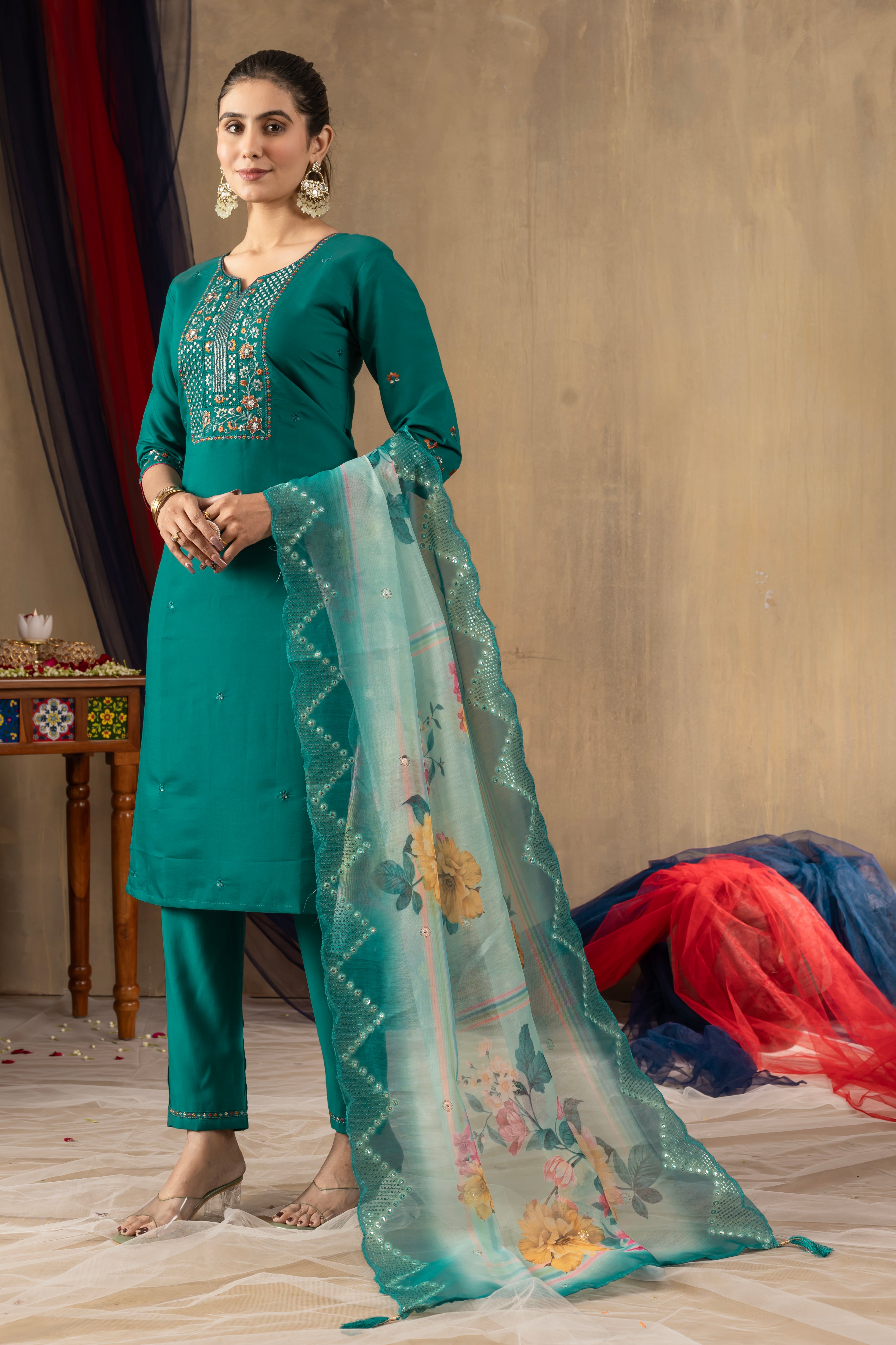 Roman Silk Embroidered Straight Kurti Set – Rama Green
