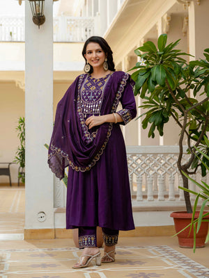 Viscose Roman Silk Embroidered Anarkali Kurti Set – Purple